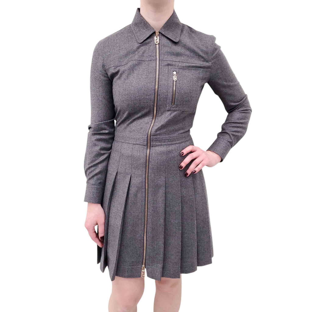 FENDI GREY WOOL CARGO DRESS WITH FF LOGO ZIPPERS - SIZE 36