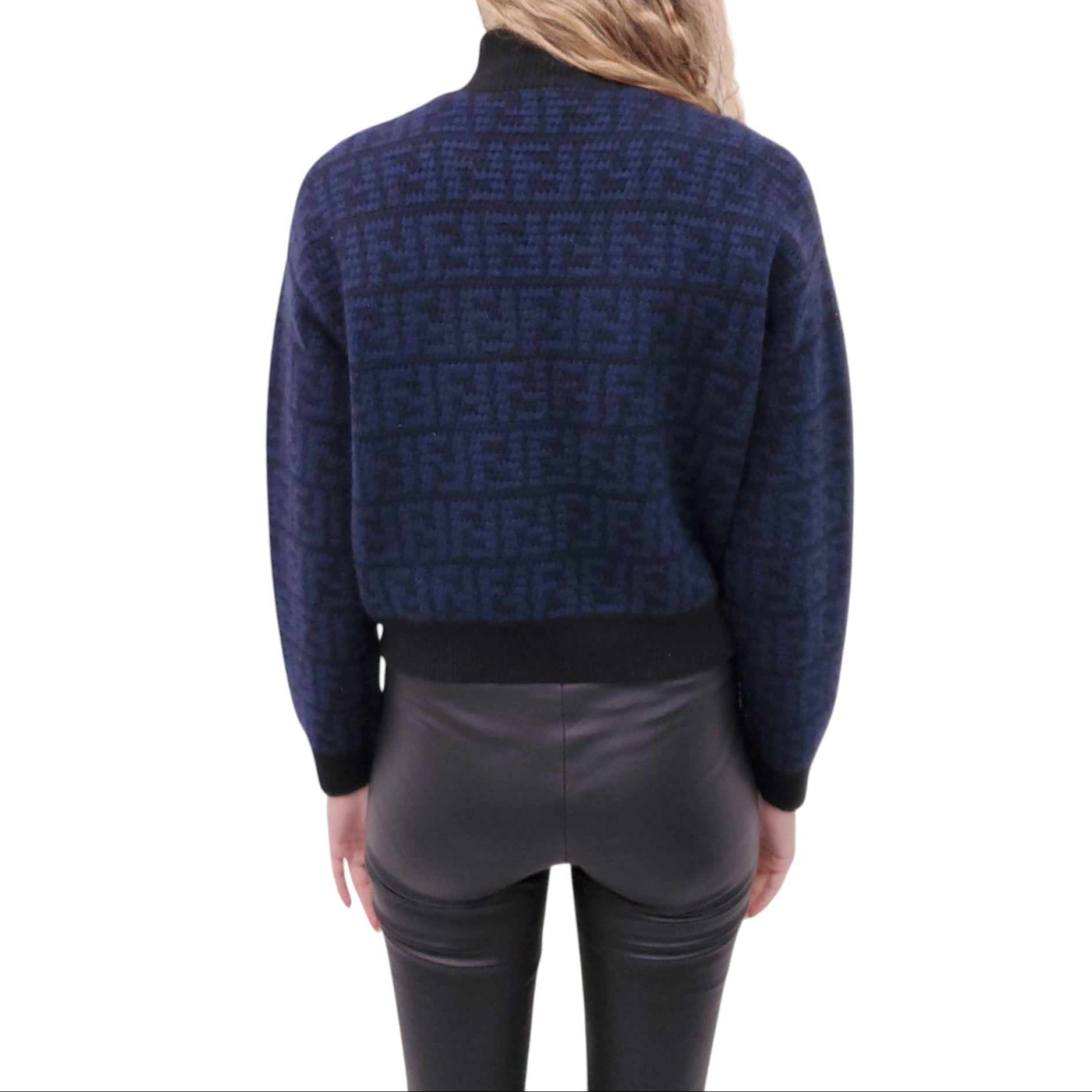 FENDI NAVY AND BLACK FF LOGO CASHMERE SWEATER - SIZE 38