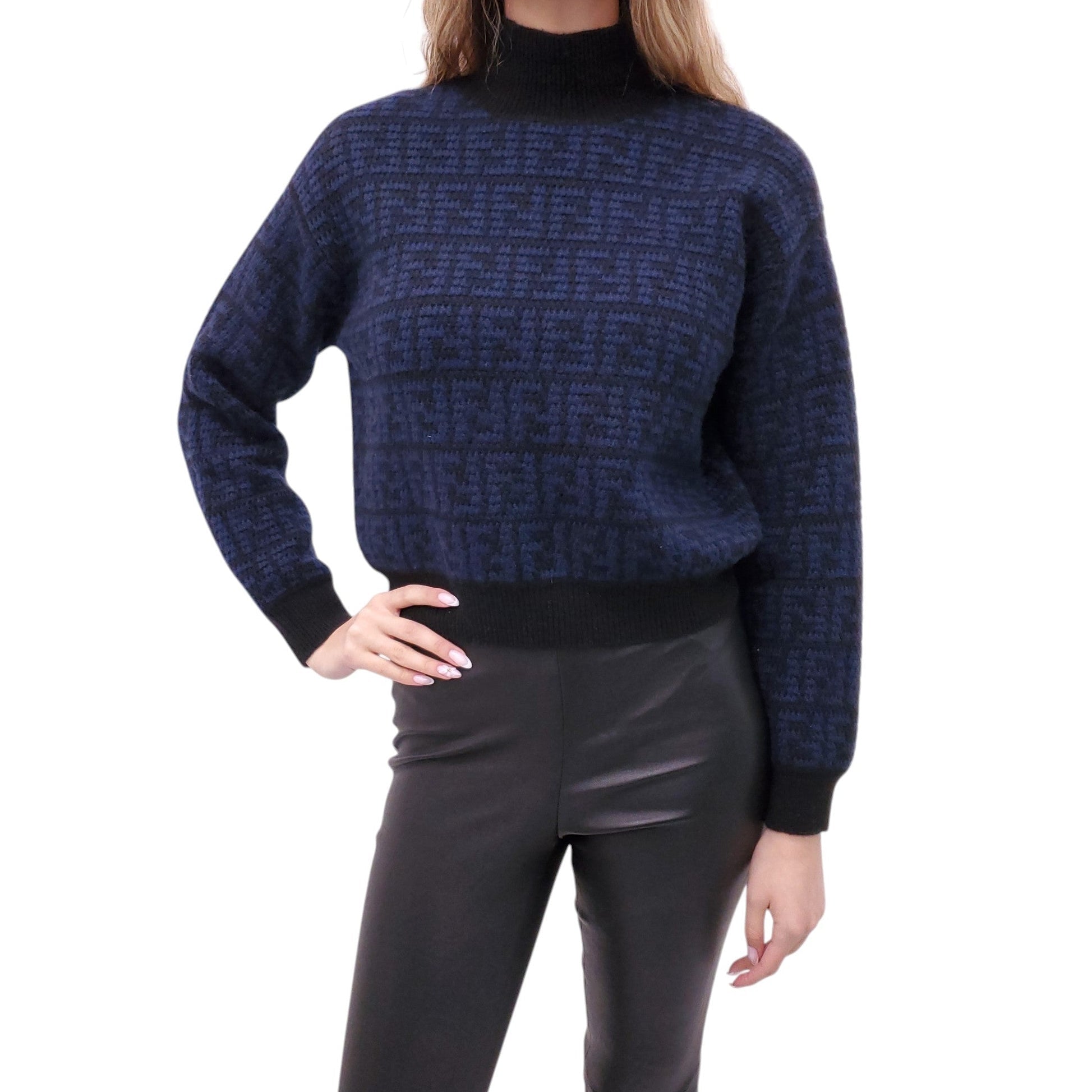 FENDI NAVY AND BLACK FF LOGO CASHMERE SWEATER - SIZE 38
