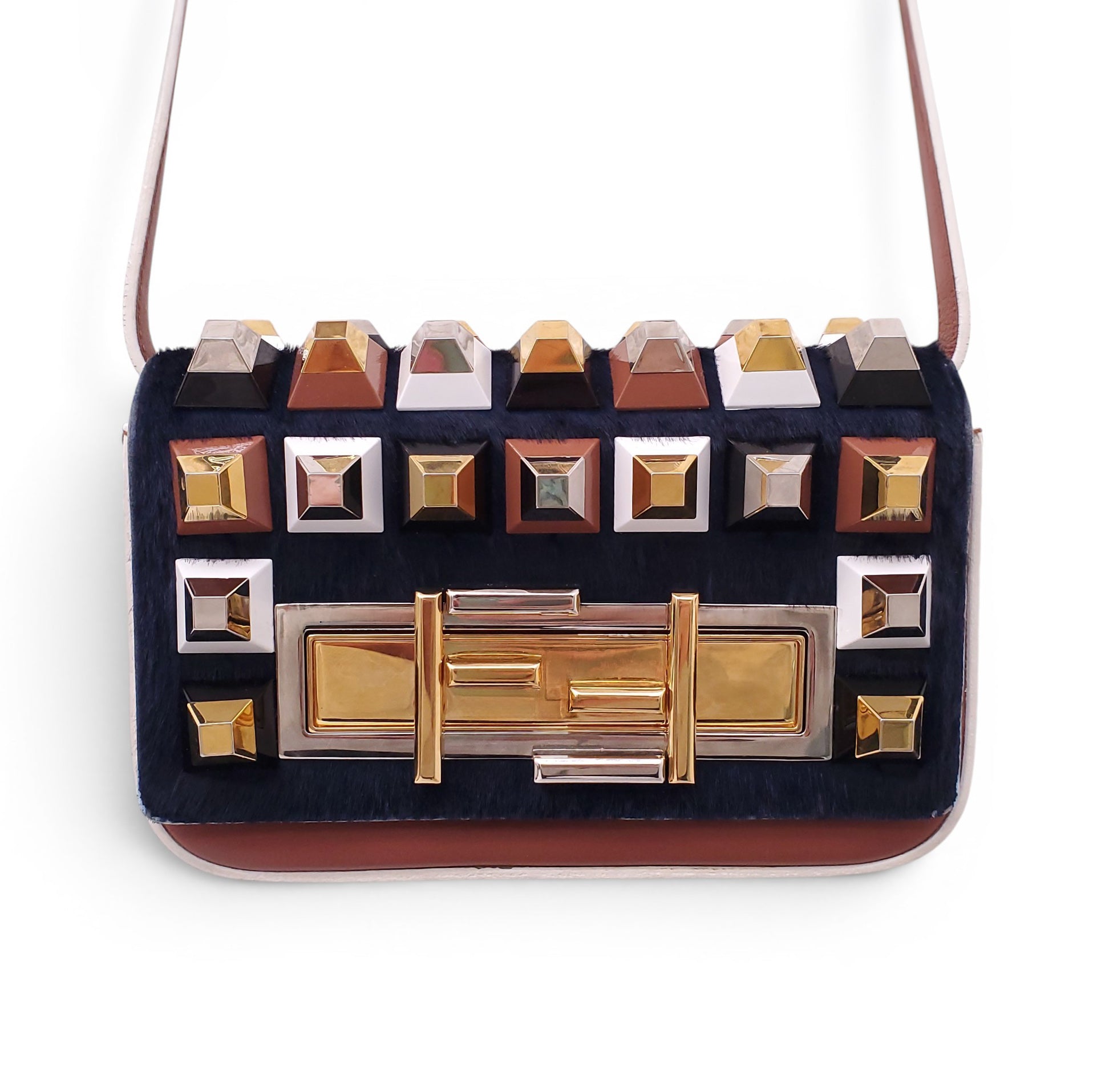 FENDI NAVY FUR STUDDED PURSE