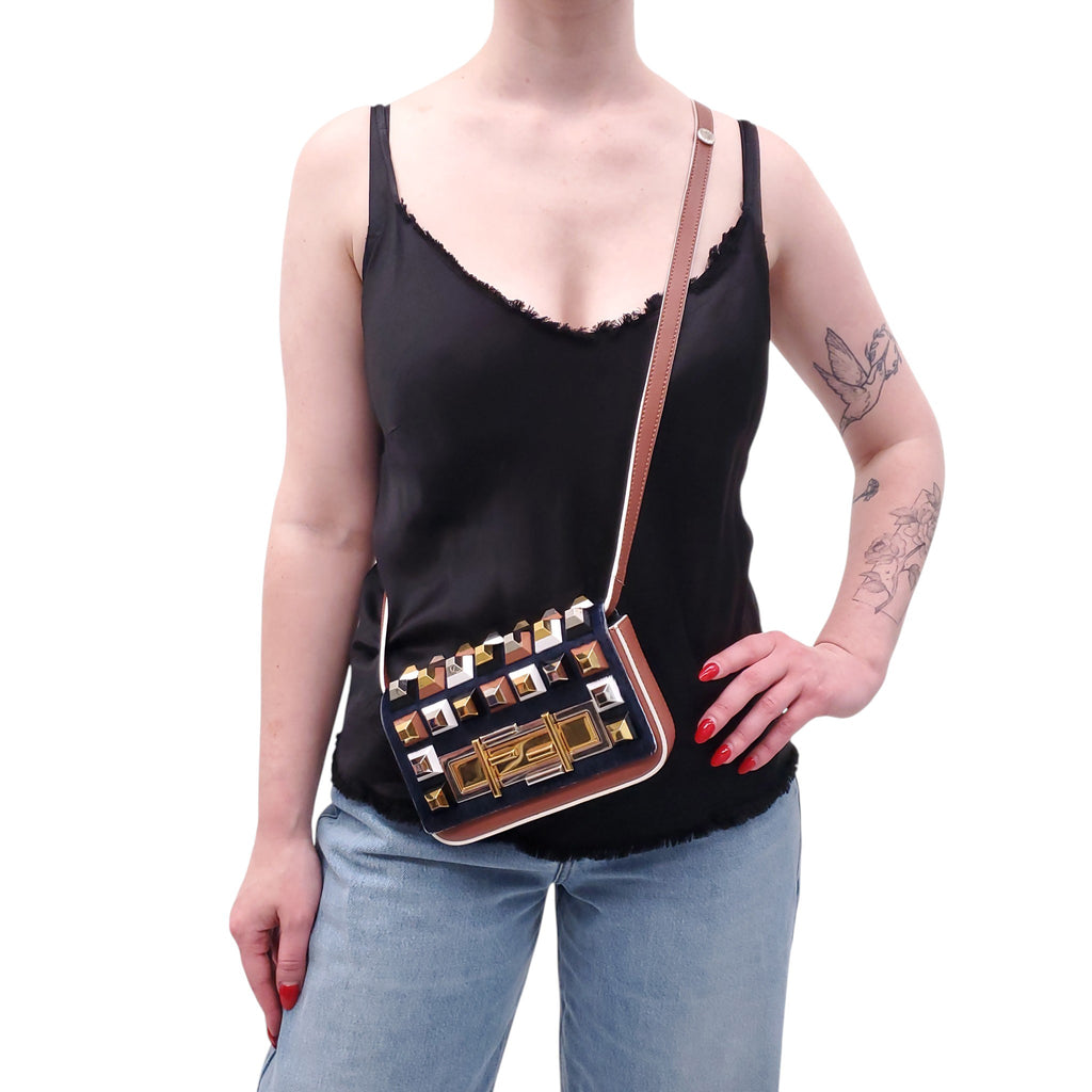 FENDI NAVY FUR STUDDED PURSE
