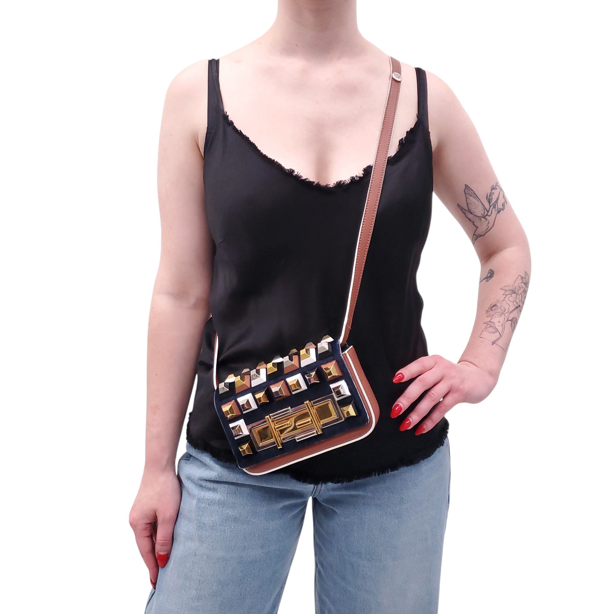FENDI NAVY FUR STUDDED PURSE