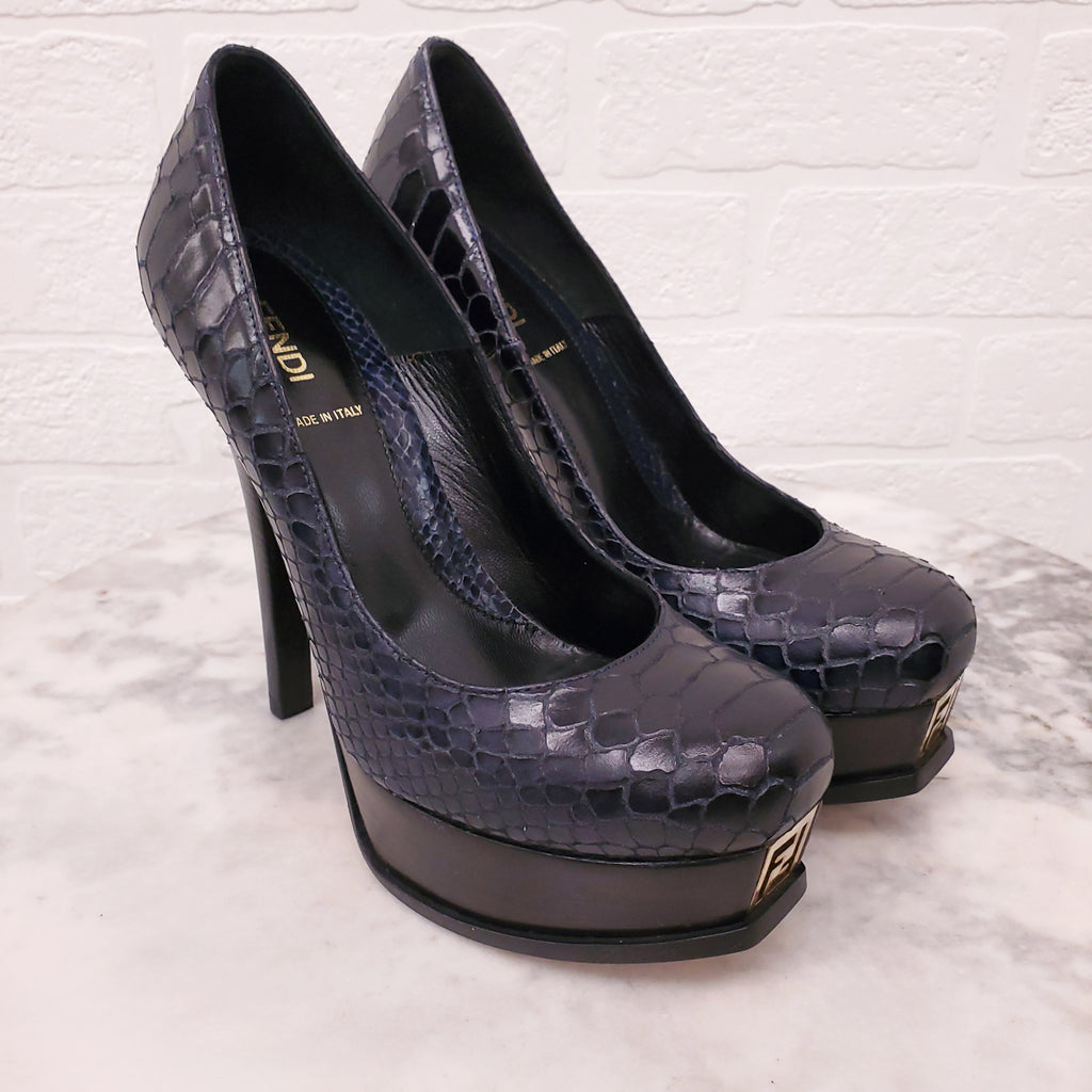 FENDI NAVY SNAKESKIN HEELS - SIZE 37.5