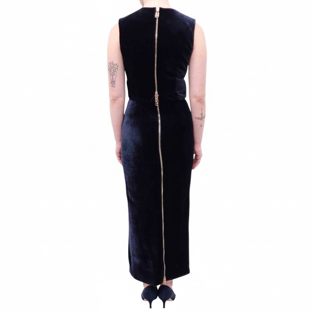 FENDI NAVY VELVET SKIRT SET WITH LOGO ZIPPER - SIZE 36