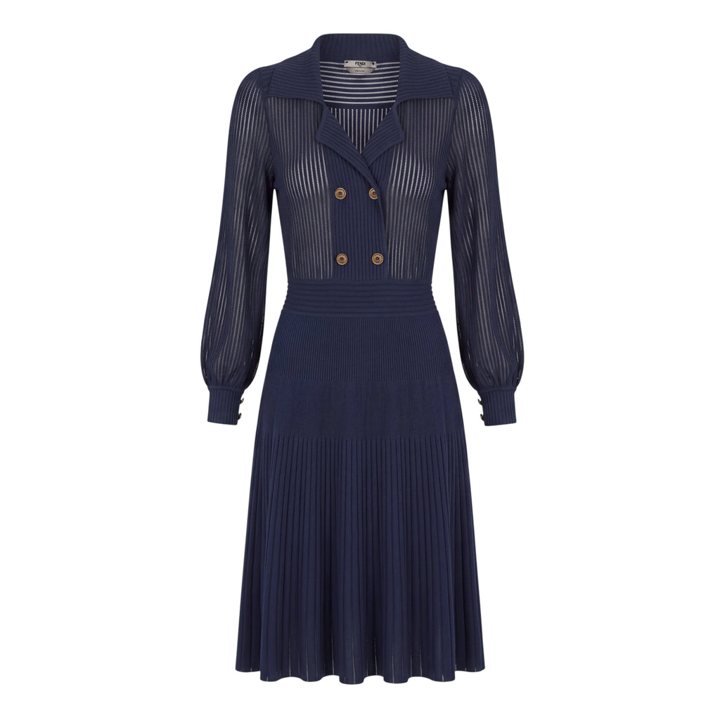 FENDI STRIPED KNIT RIBBED NAVY DRESS - SIZE 38