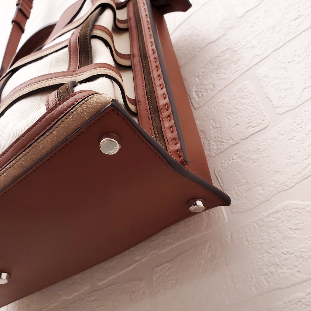 FENDI TAN LEATHER AND CANVAS LARGE 'PANELLED PEEKABOO' BAG