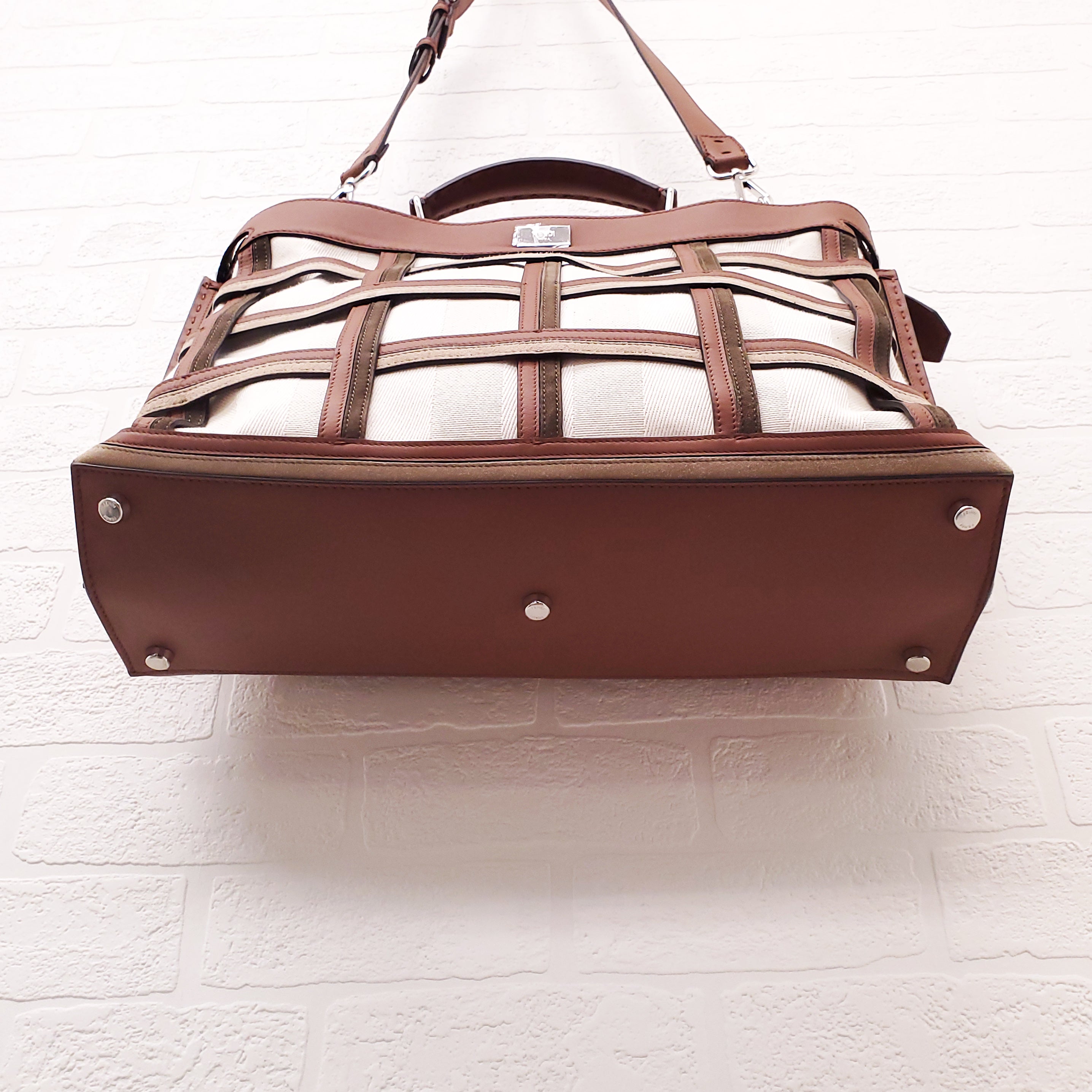 FENDI TAN LEATHER AND CANVAS LARGE 'PANELLED PEEKABOO' BAG