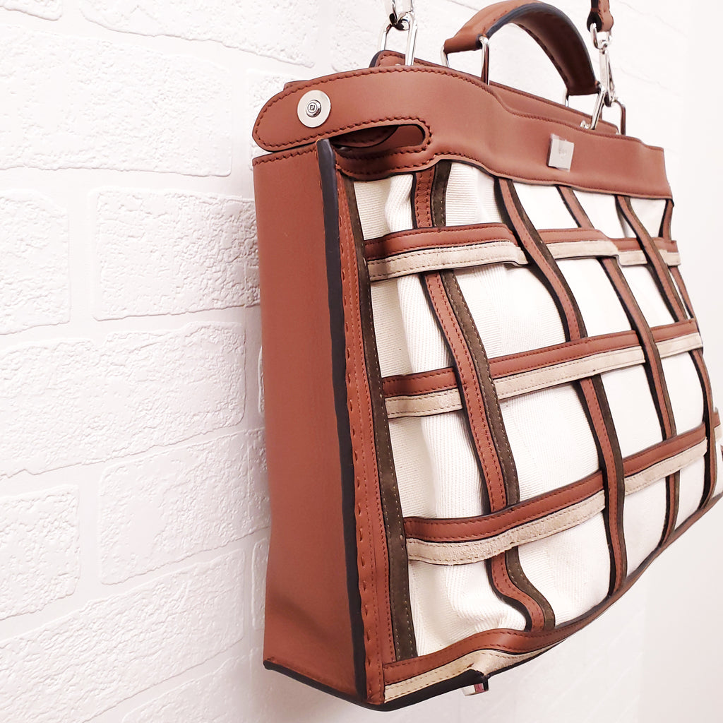 FENDI TAN LEATHER AND CANVAS LARGE 'PANELLED PEEKABOO' BAG