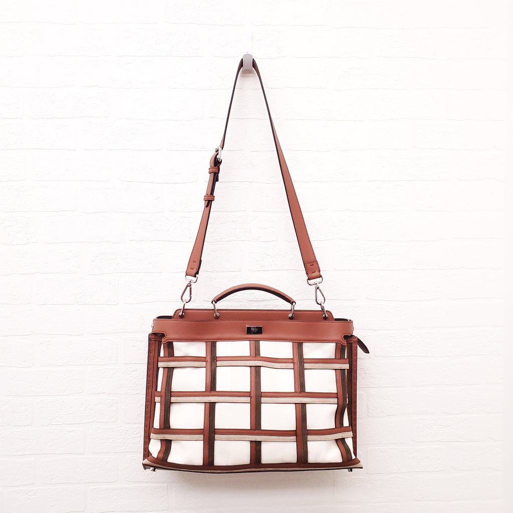 FENDI TAN LEATHER AND CANVAS LARGE 'PANELLED PEEKABOO' BAG
