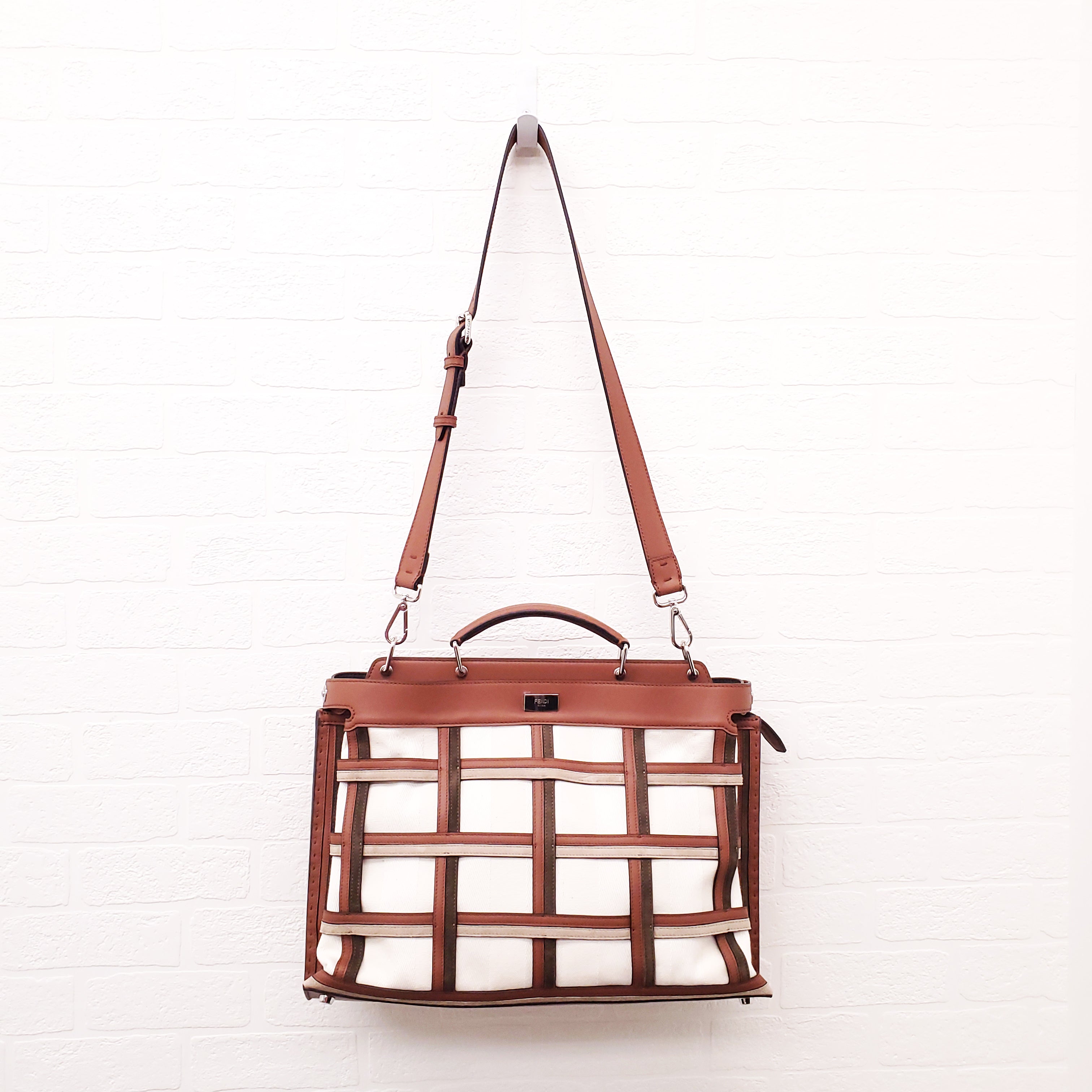 FENDI TAN LEATHER AND CANVAS LARGE 'PANELLED PEEKABOO' BAG