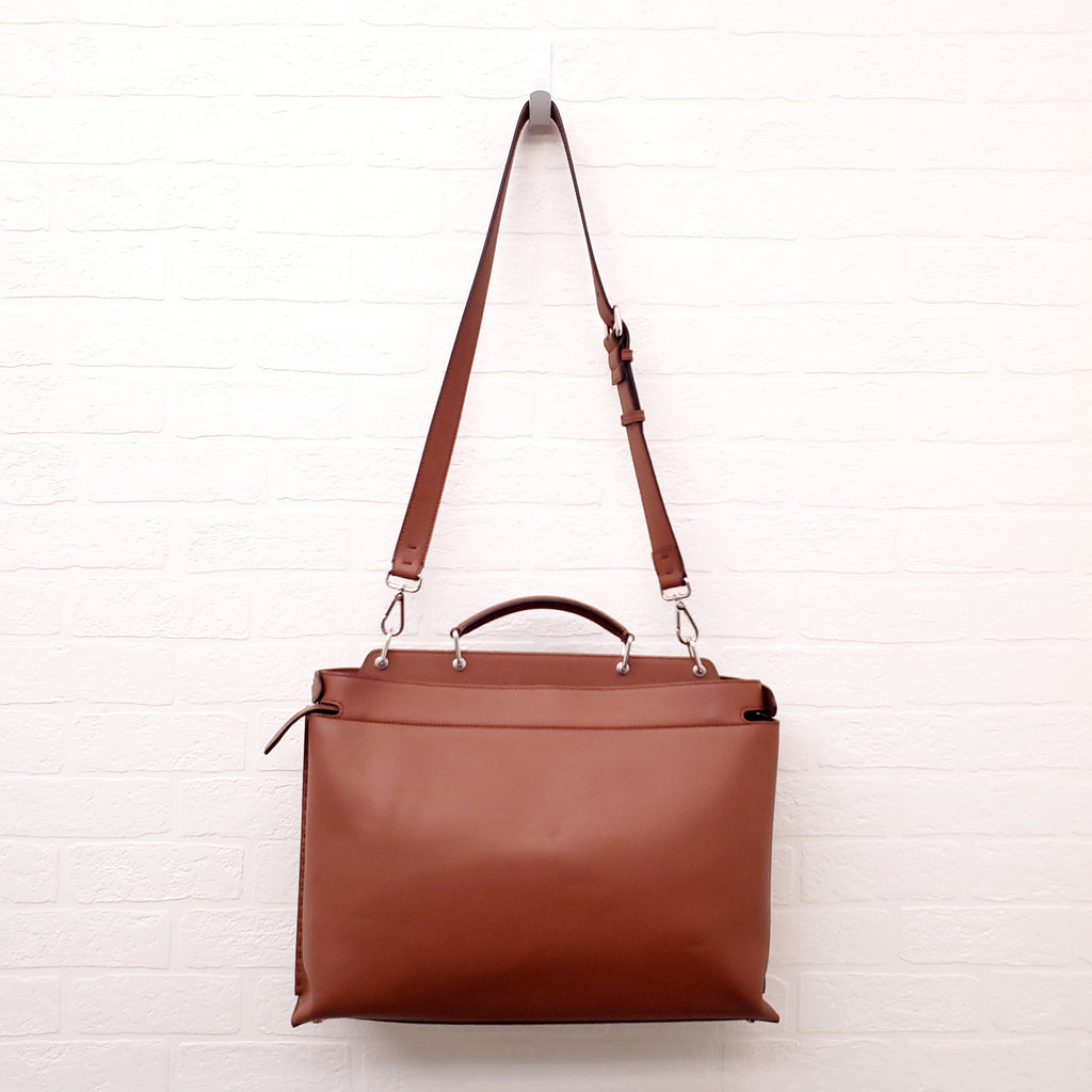 FENDI TAN LEATHER AND CANVAS LARGE 'PANELLED PEEKABOO' BAG