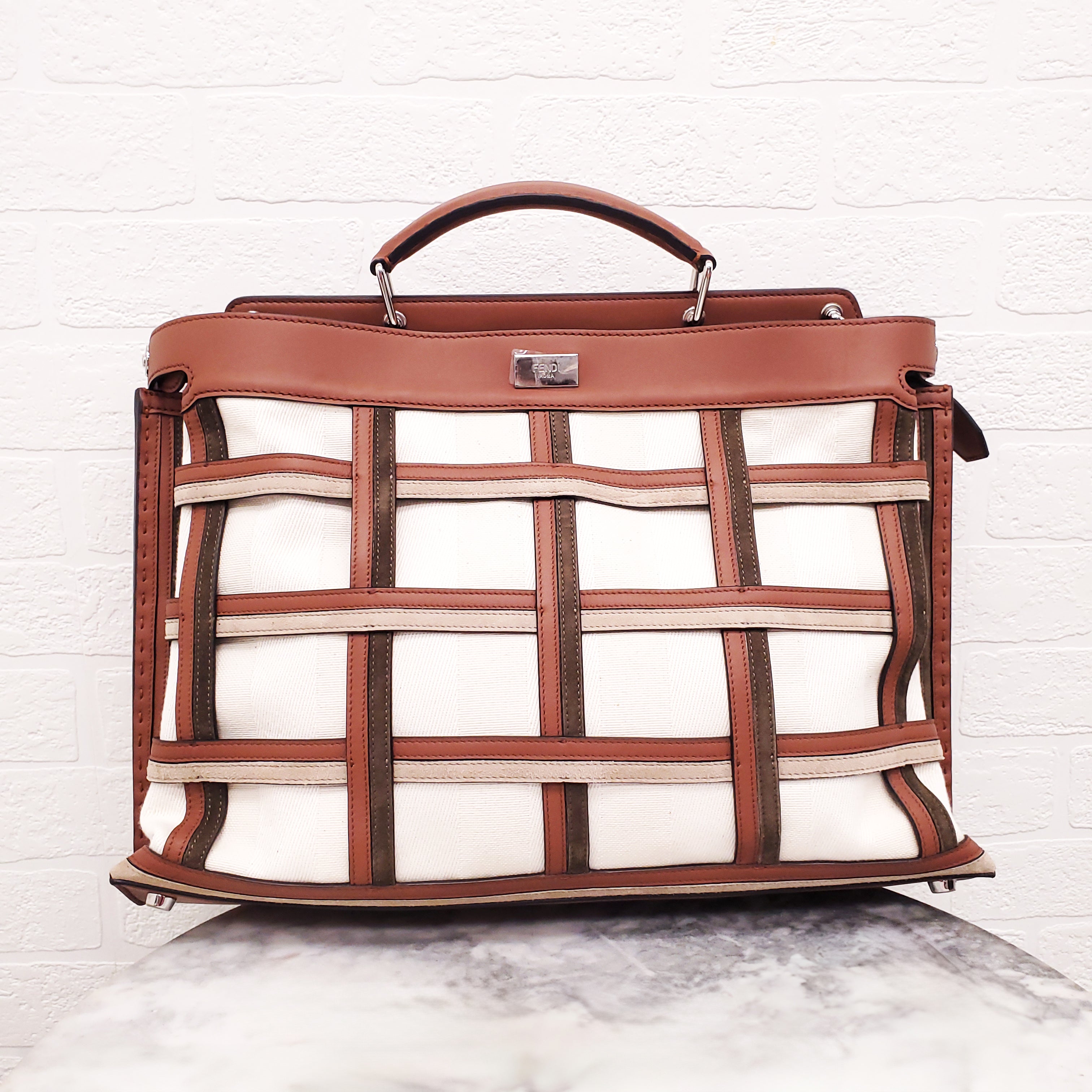 FENDI TAN LEATHER AND CANVAS LARGE 'PANELLED PEEKABOO' BAG