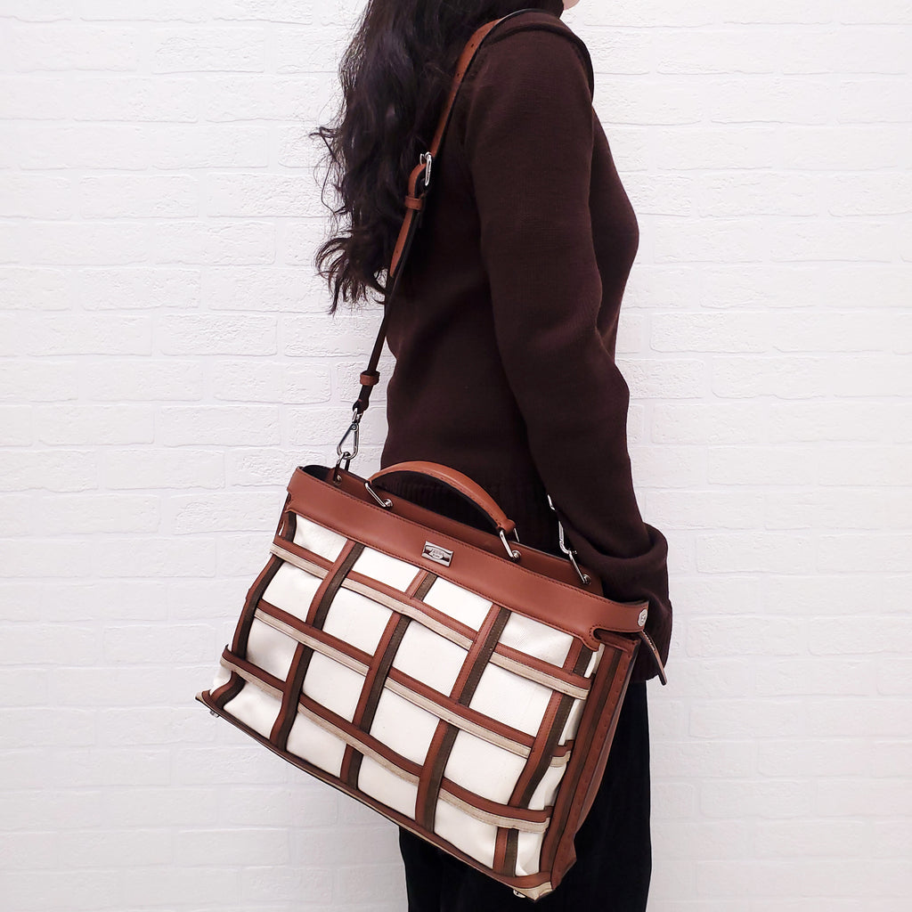 FENDI TAN LEATHER AND CANVAS LARGE 'PANELLED PEEKABOO' BAG