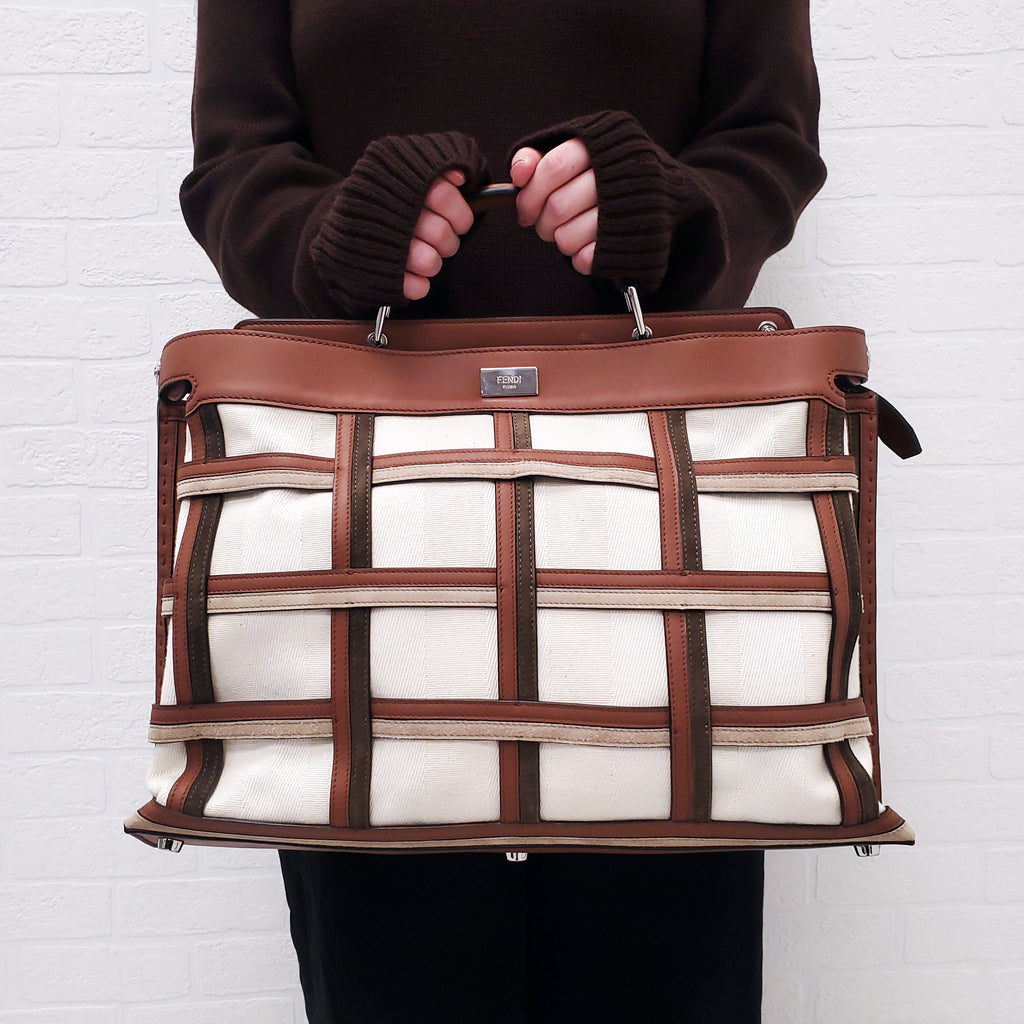 FENDI TAN LEATHER AND CANVAS LARGE 'PANELLED PEEKABOO' BAG