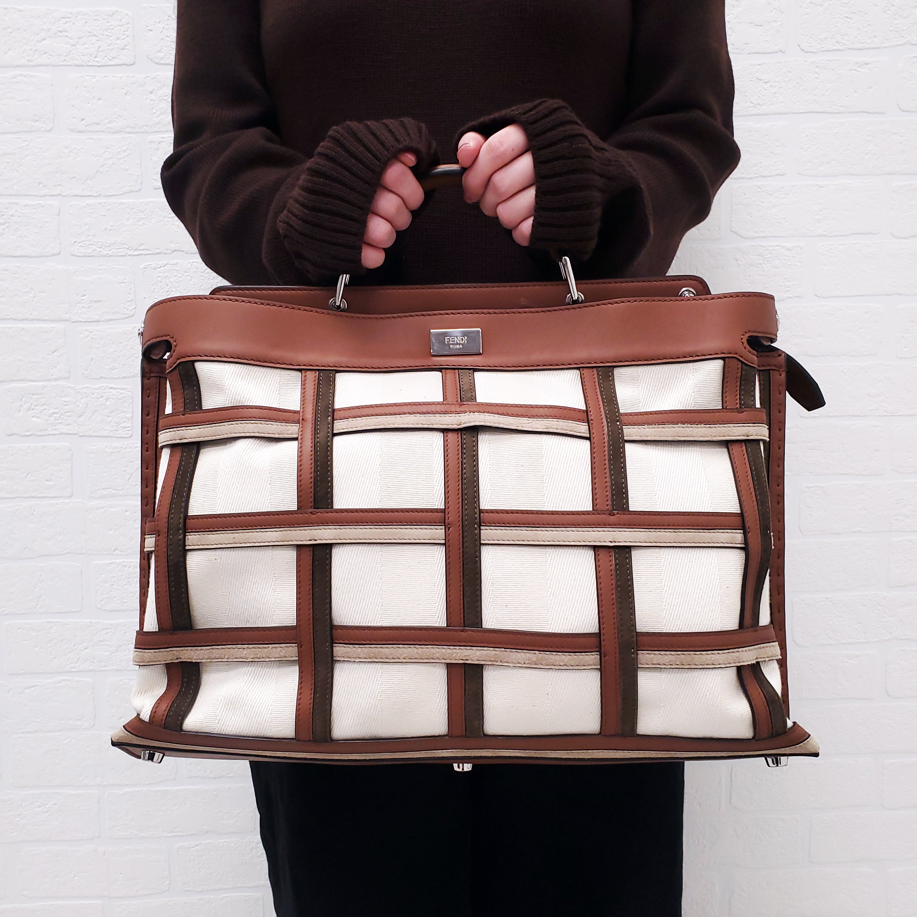 FENDI TAN LEATHER AND CANVAS LARGE 'PANELLED PEEKABOO' BAG