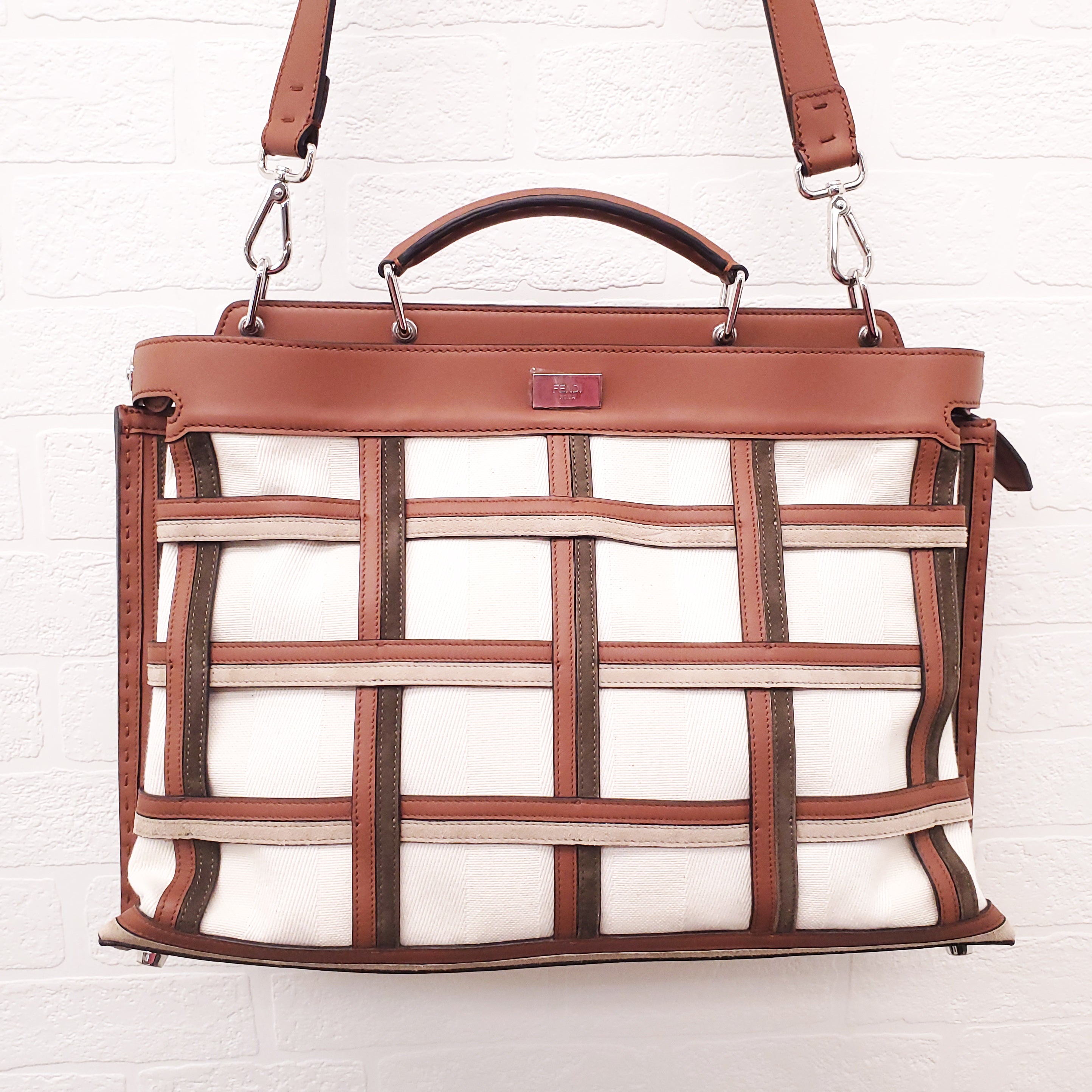 FENDI TAN LEATHER AND CANVAS LARGE 'PANELLED PEEKABOO' BAG