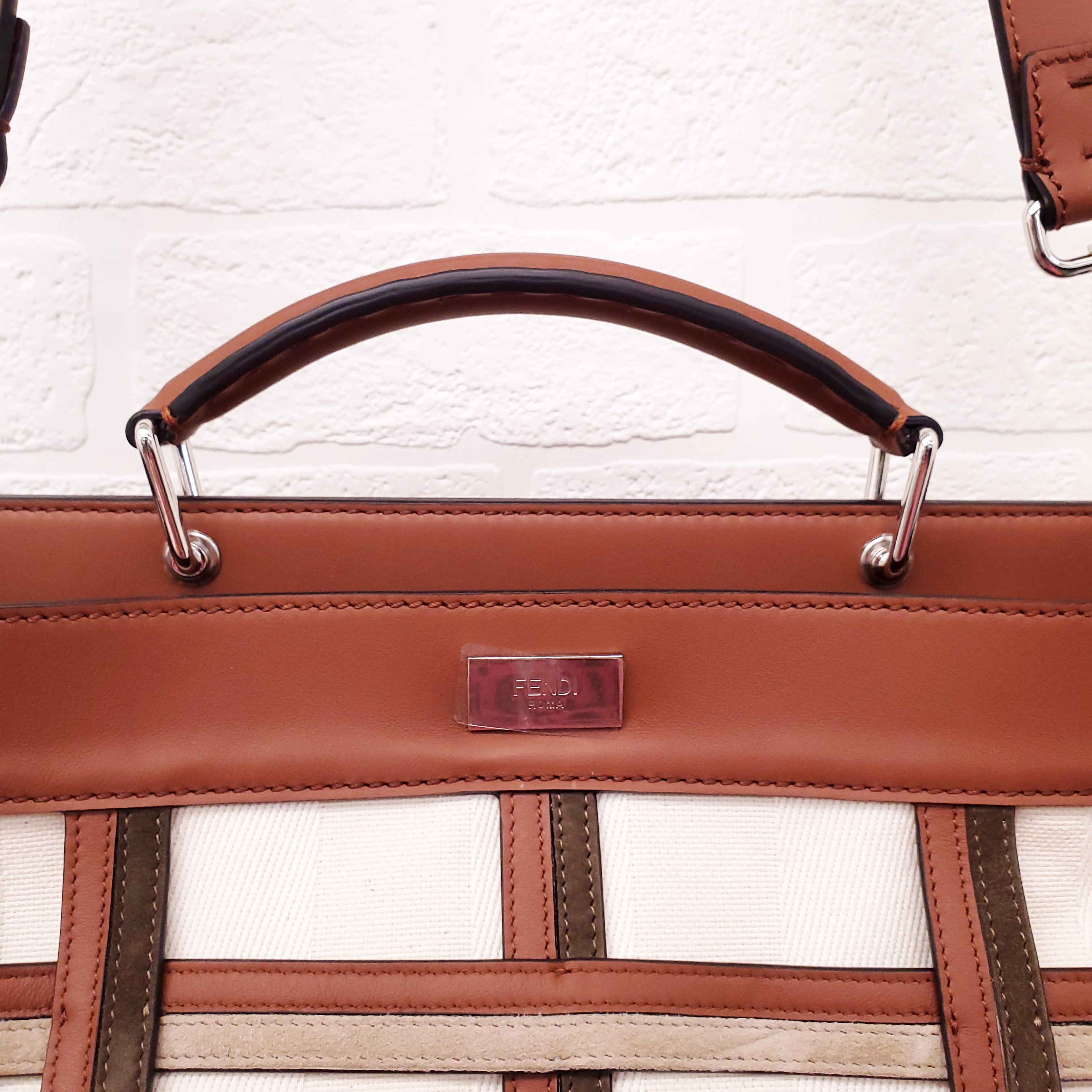 FENDI TAN LEATHER AND CANVAS LARGE 'PANELLED PEEKABOO' BAG