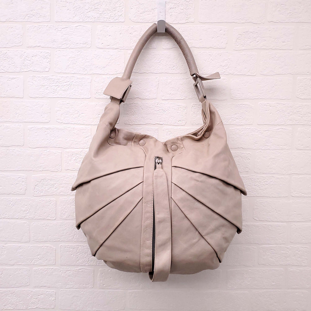 FENDI TAUPE LEATHER SHOULDER BAG WITH FRONT ZIPPER DETAIL