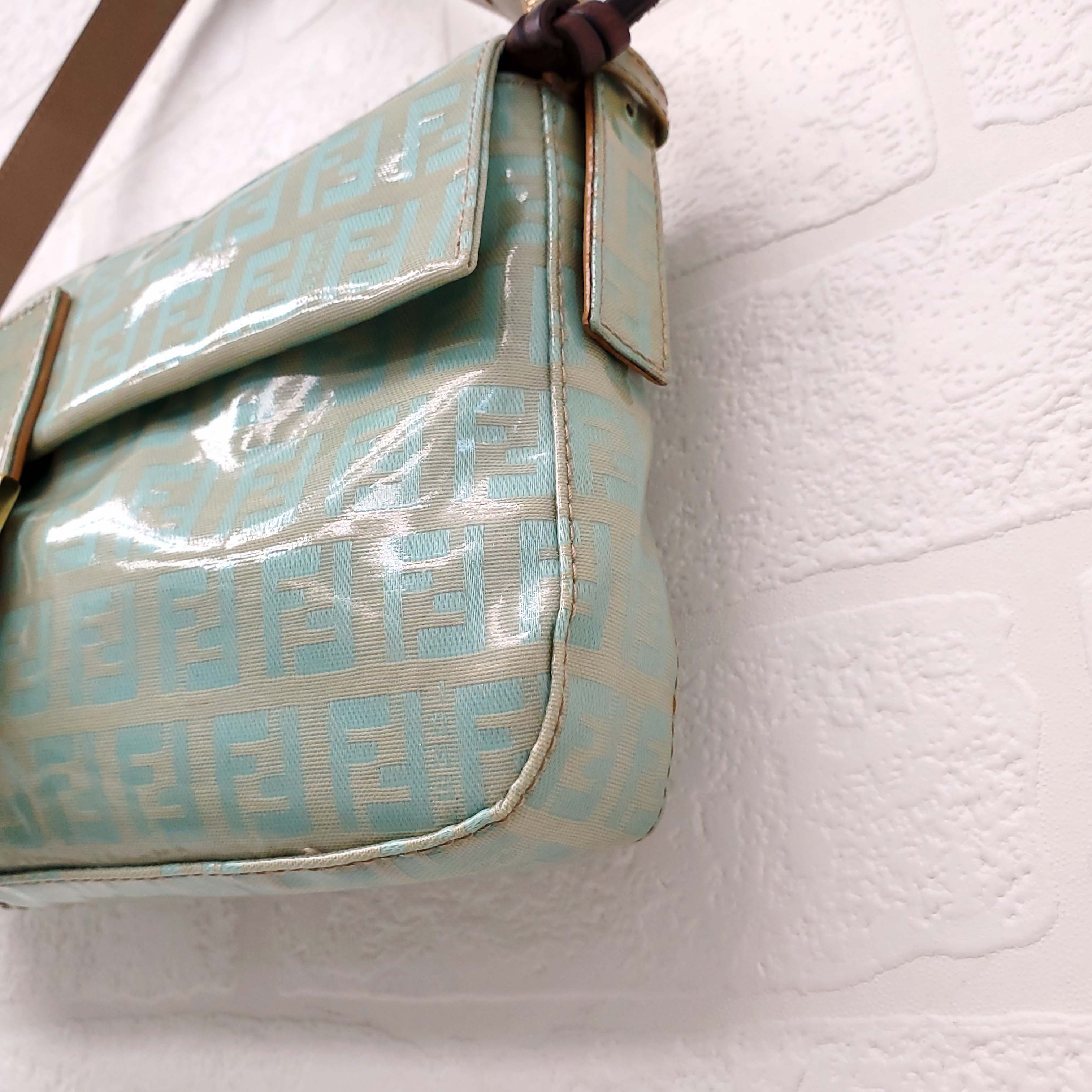 FENDI TURQUOISE PATENT 'ZUCCHINO BAGUETTE' SHOULDER BAG