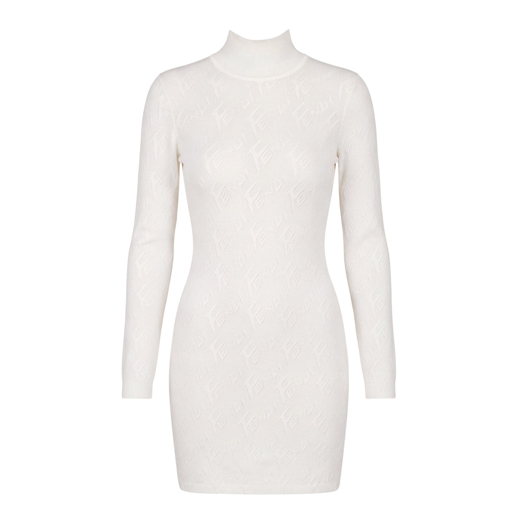 FENDI WHITE FF DIAGONAL MONOGRAM SCRIPT KNIT MOCK-NECK DRESS - SIZE 38