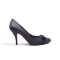 FERRAGAMO BLACK HEELS WITH GOLD AND BLACK BOW DETAILS - SIZE 8.5