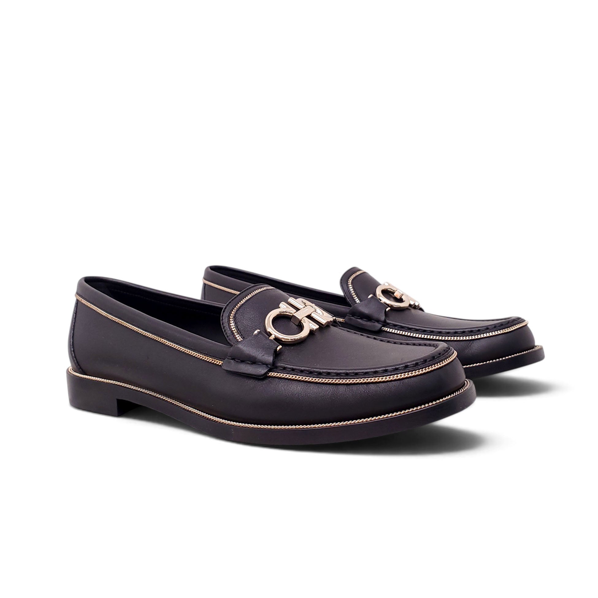 FERRAGAMO BLACK LOAFERS WITH GOLD DETAIL - SIZE 9C