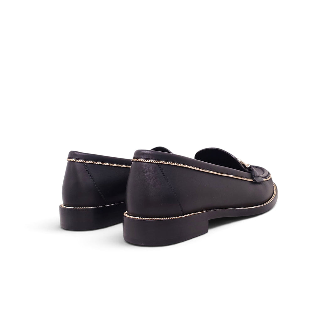 FERRAGAMO BLACK LOAFERS WITH GOLD DETAIL - SIZE 9C