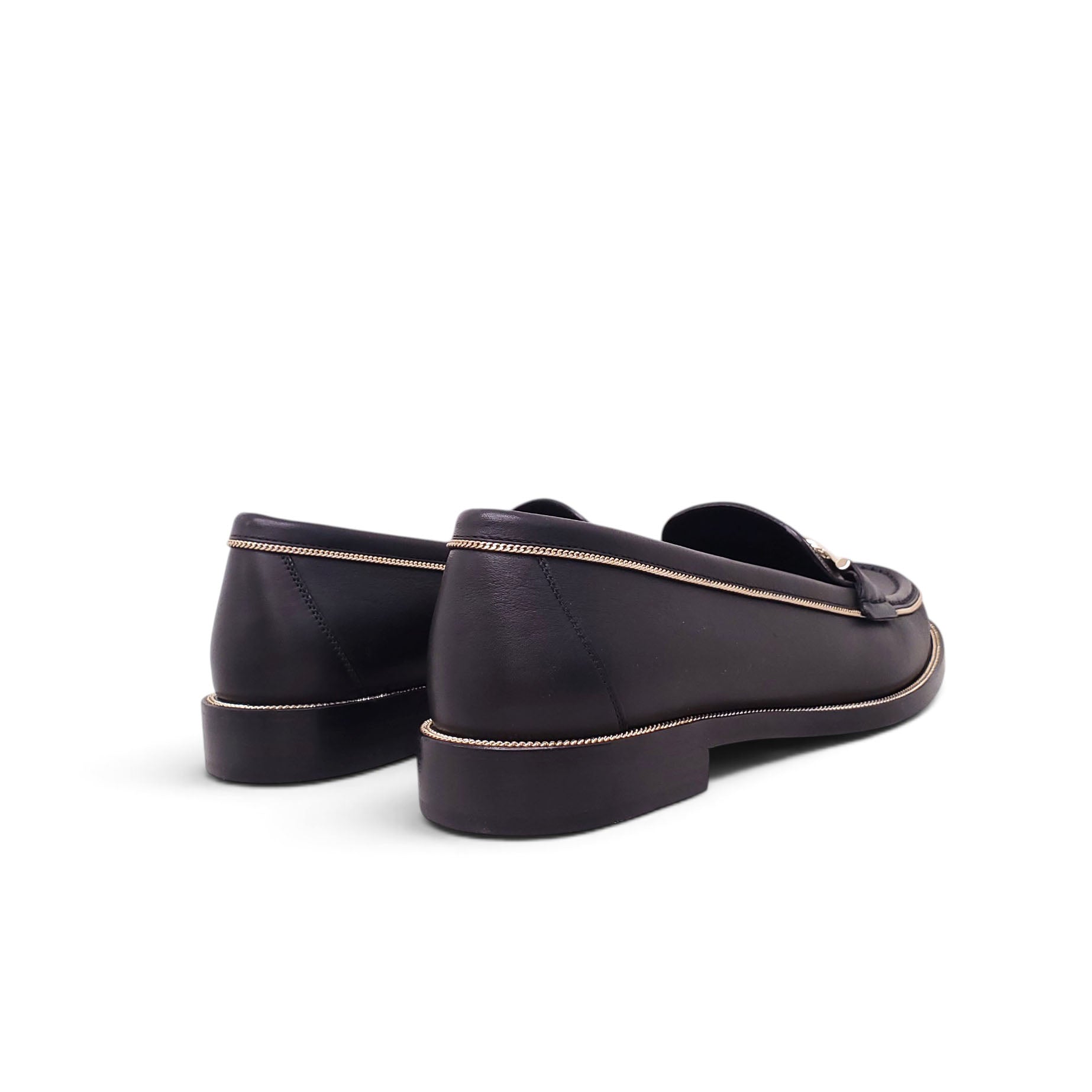 FERRAGAMO BLACK LOAFERS WITH GOLD DETAIL - SIZE 9C