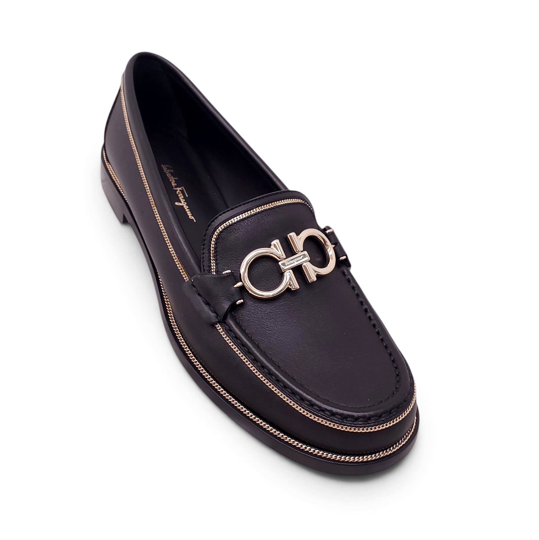 FERRAGAMO BLACK LOAFERS WITH GOLD DETAIL - SIZE 9C