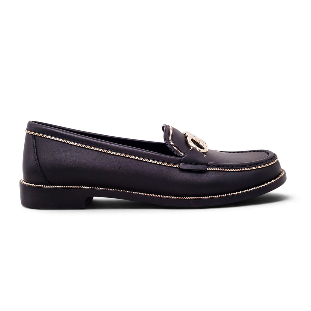FERRAGAMO BLACK LOAFERS WITH GOLD DETAIL - SIZE 9C
