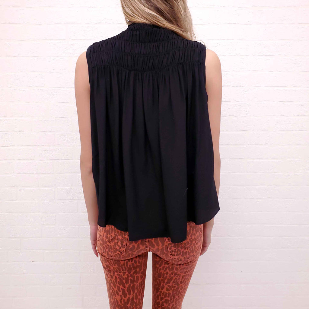 FRAME BLACK SLEEVELESS BLOUSE WITH RUCHING DETAIL - SIZE S