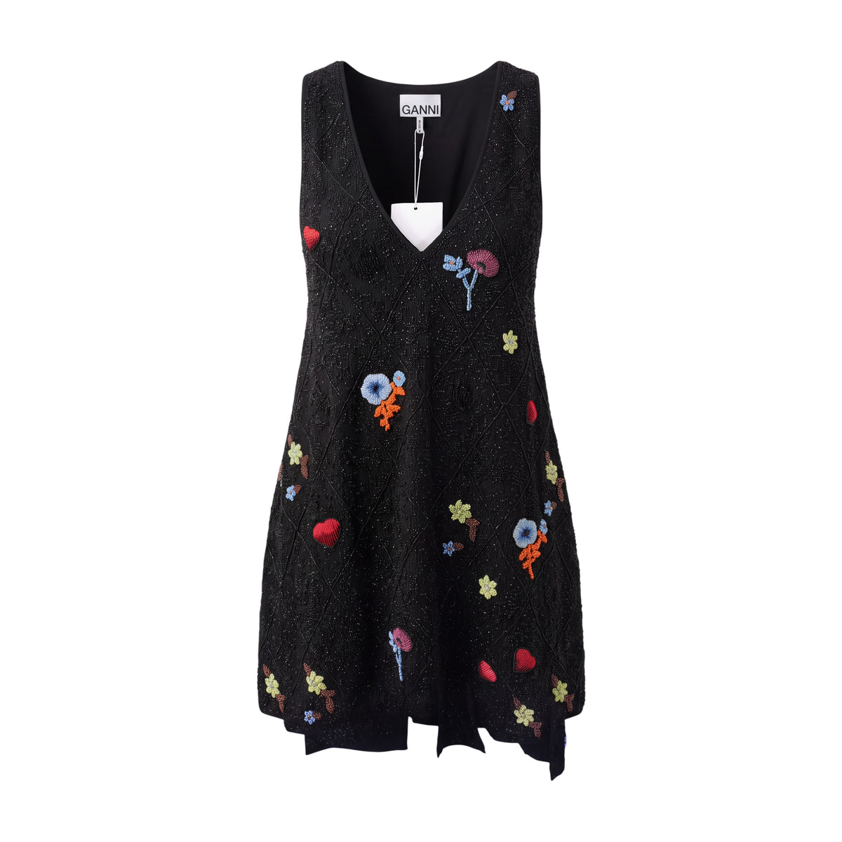 GANNI BLACK BEADED V-NECK PANEL MINI DRESS - SIZE 36 (US 4)