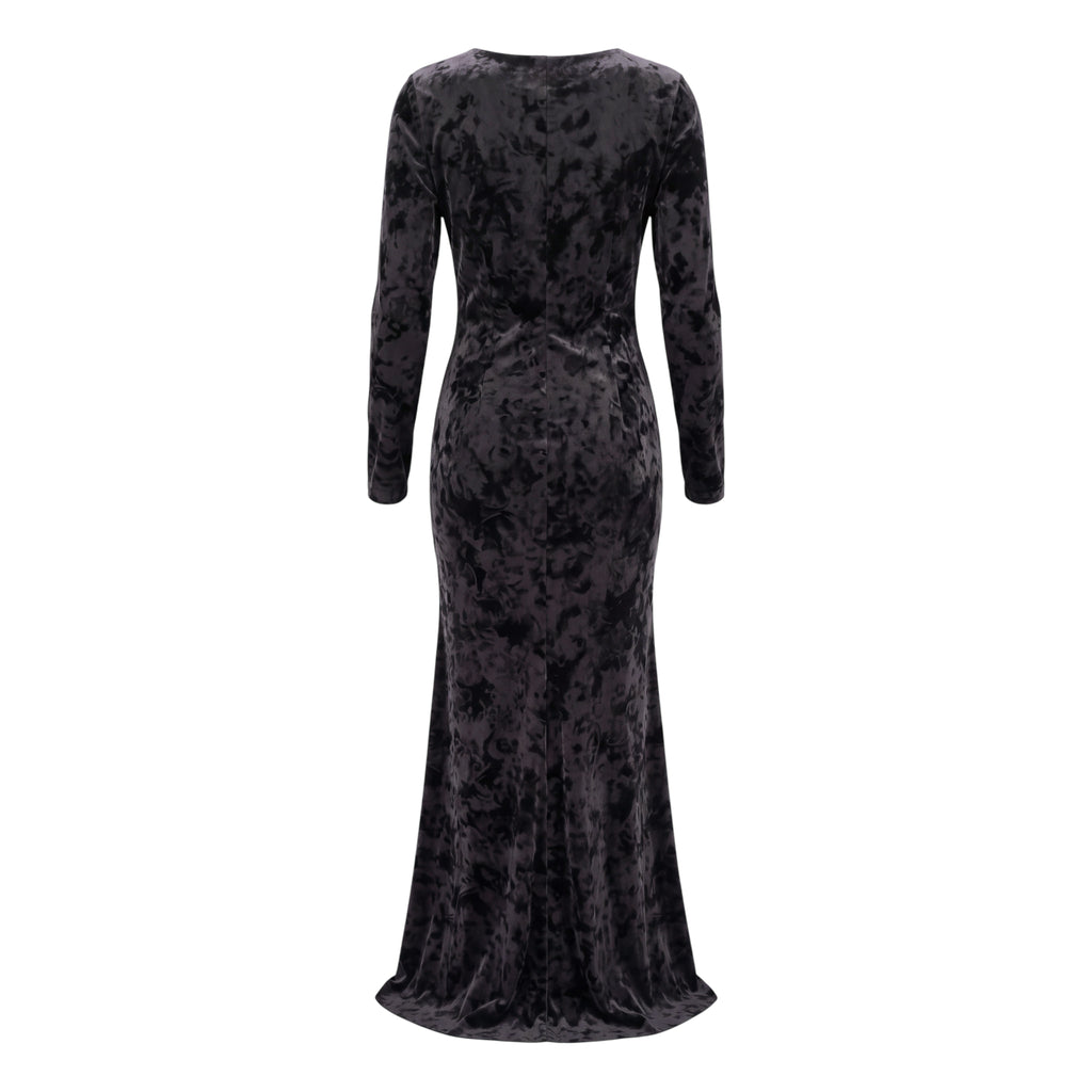 GANNI BLACK RUCHED STRETCH DEVORE VELVET MIDI DRESS- SIZE 40 (US 8/10)