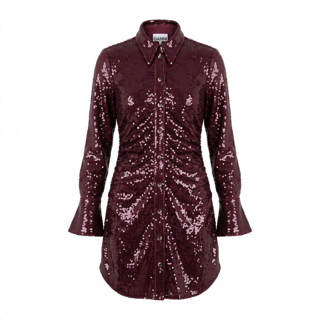 GANNI BURGUNDY SEQUIN RUCHED SHIRT DRESS - SIZE 36 (US 4)