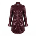 GANNI BURGUNDY SEQUIN RUCHED SHIRT DRESS - SIZE 36 (US 4)