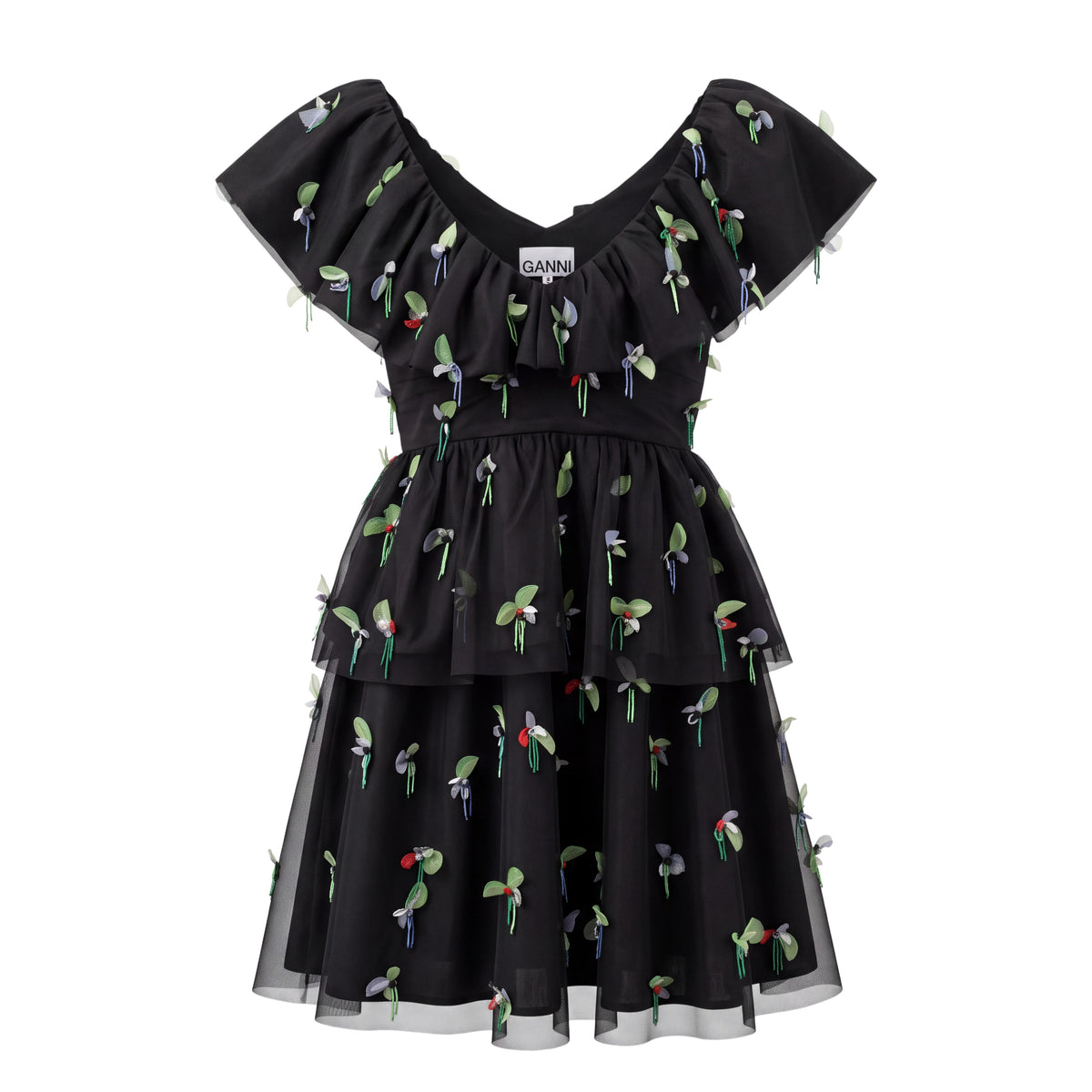 GANNI EMBELLISHED MESH MINI DRESS - SIZE 34 (US 2)