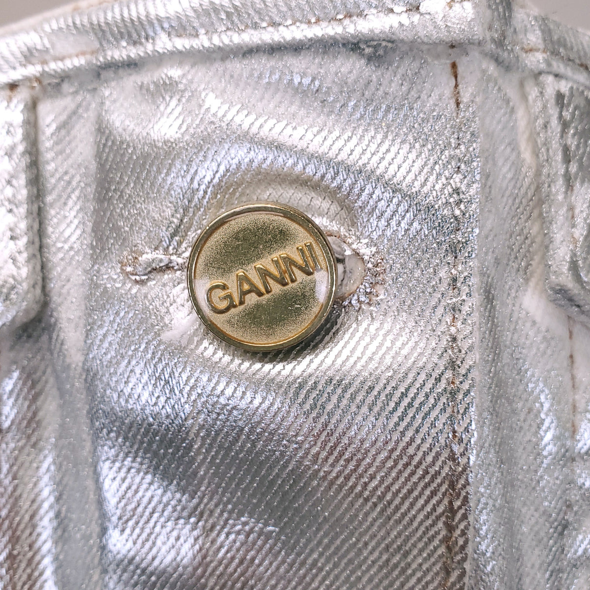 GANNI FOILED FINISHED DENIM BUSTIER TOP - SIZE 38 (US 6)