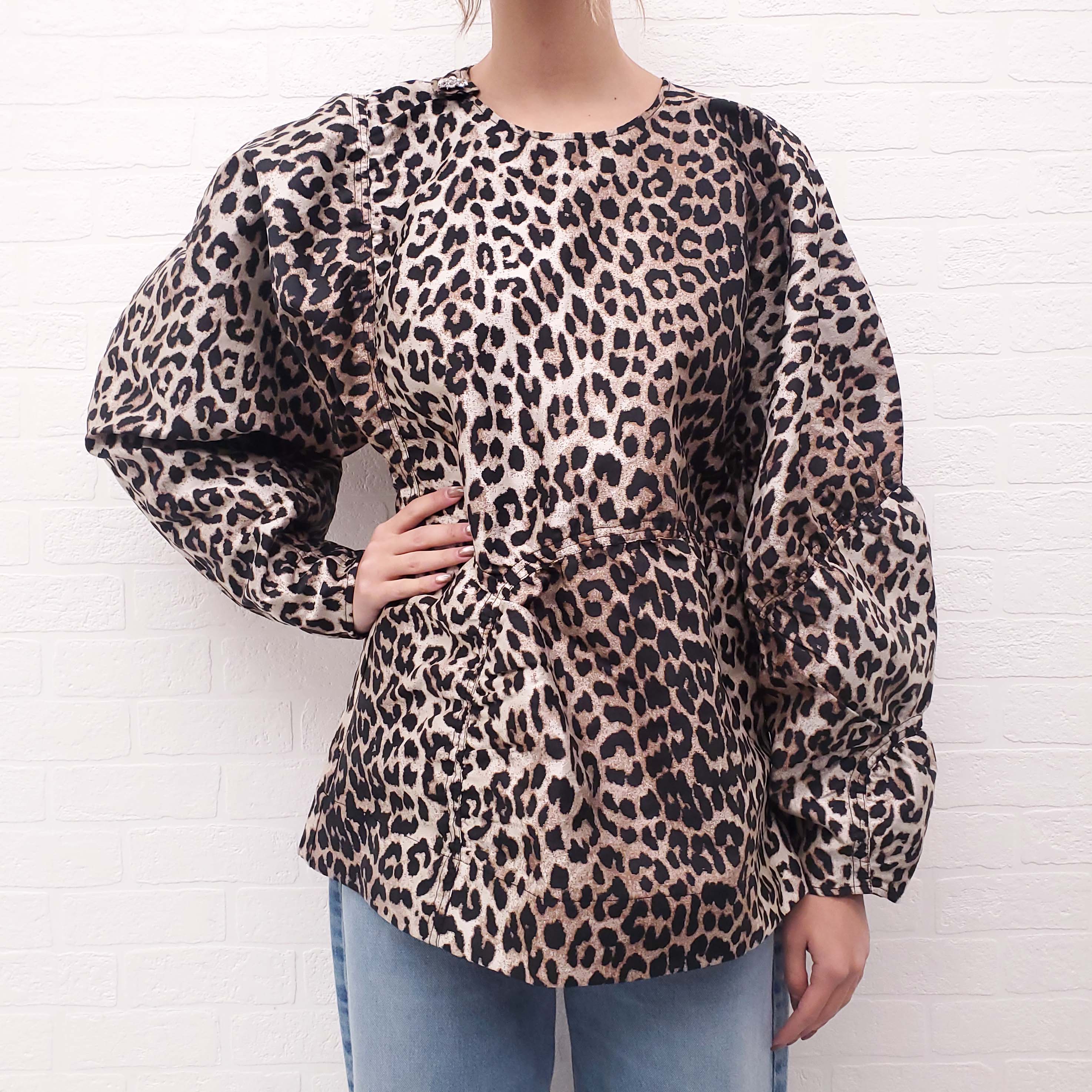 GANNI LEOPARD PEPLUM BLOUSE WITH CRYSTAL BUTTON - SIZE 44