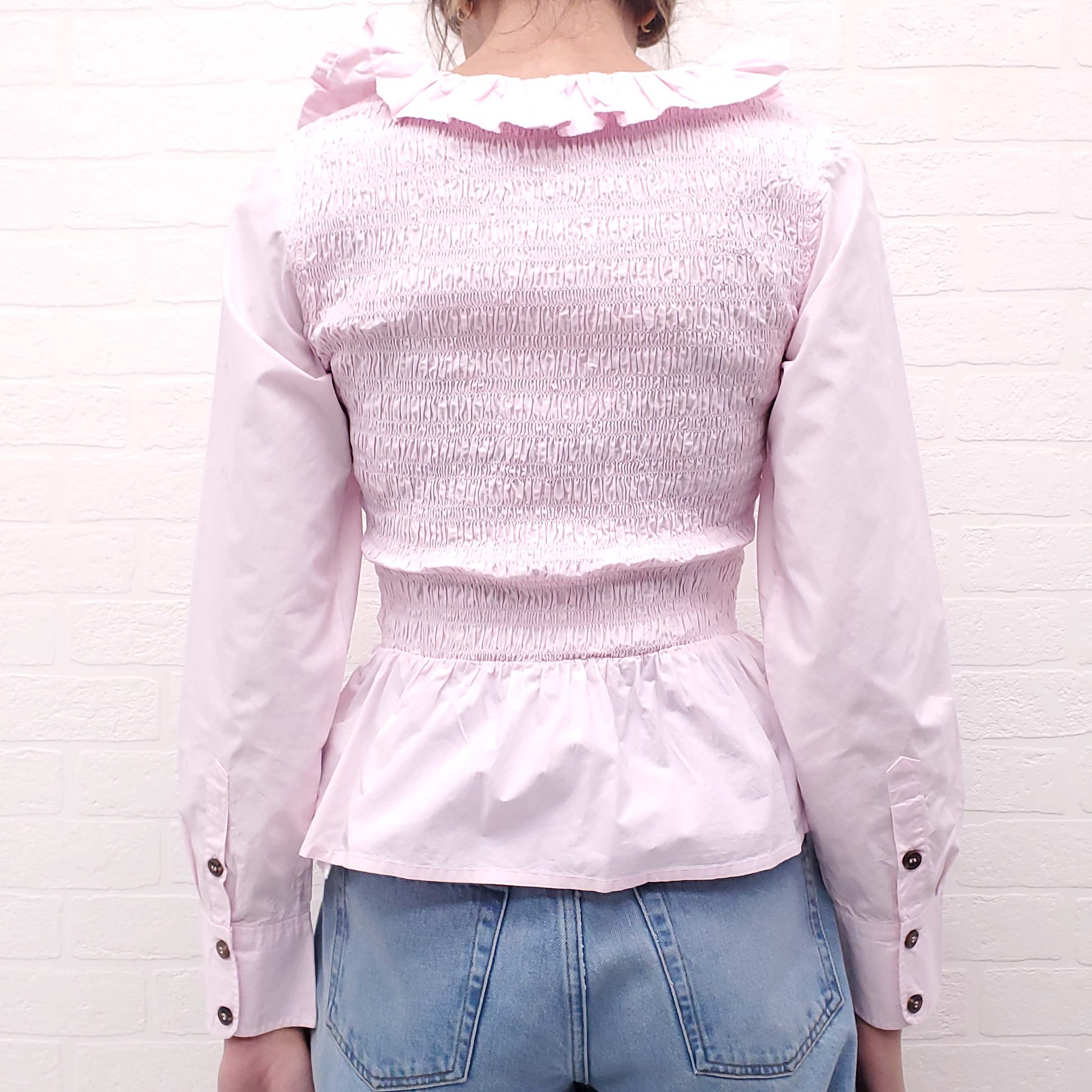 GANNI PINK ROUCHED BLOUSE WITH FRILL DETAIL - SIZE 34