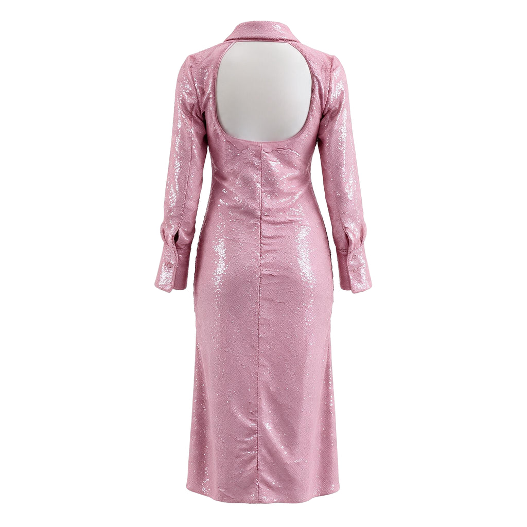 GANNI PINK SEQUIN BUTTON-UP MIDI DRESS - SIZE 36 (US 4)