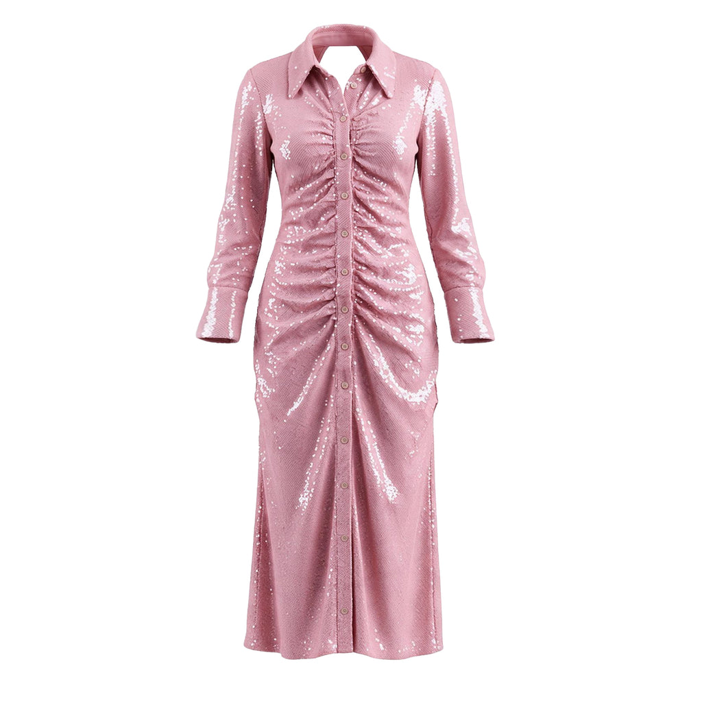 GANNI PINK SEQUIN BUTTON-UP MIDI DRESS - SIZE 36 (US 4)