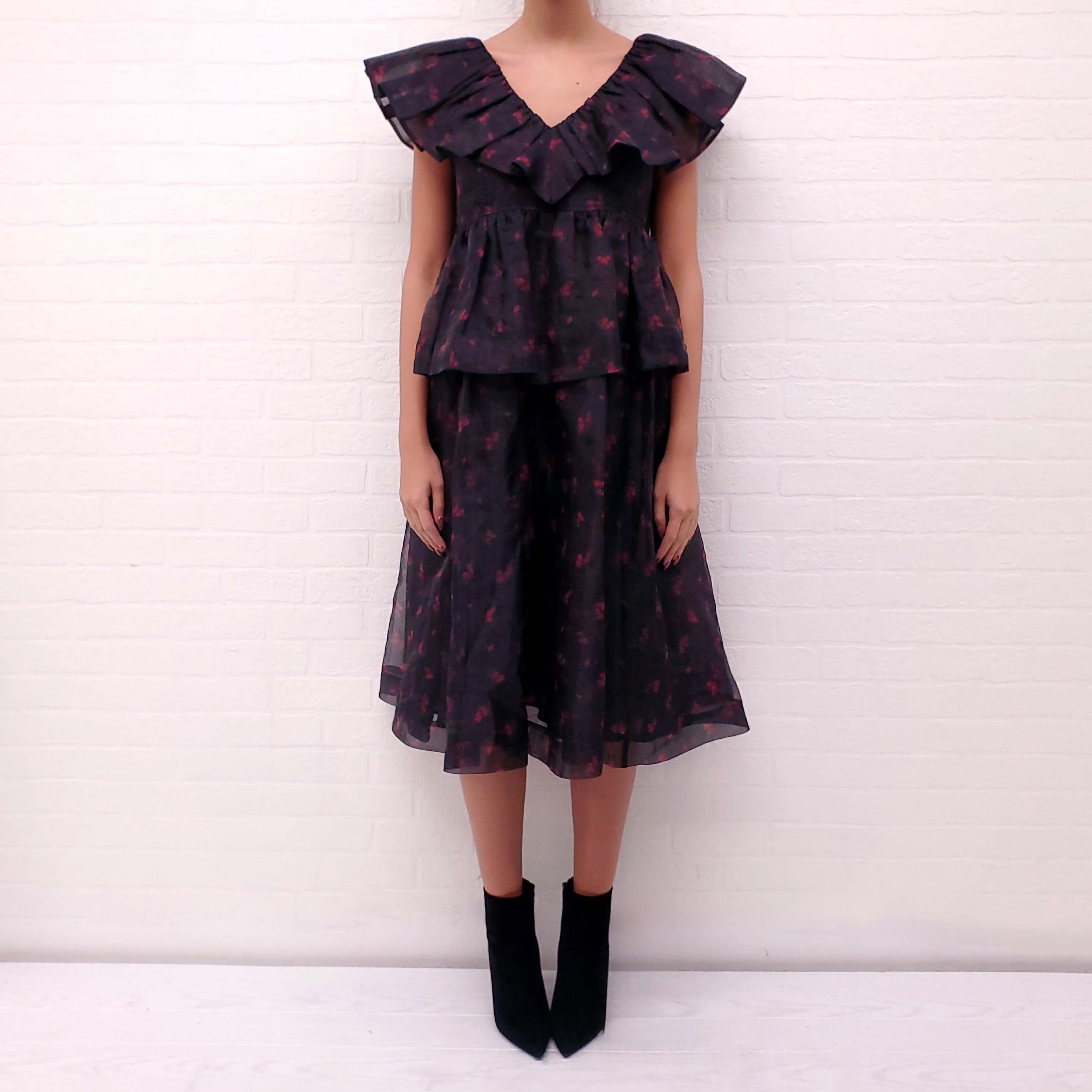 GANNI RED AND BLACK FLORAL LAYERED DRESS - SIZE 34