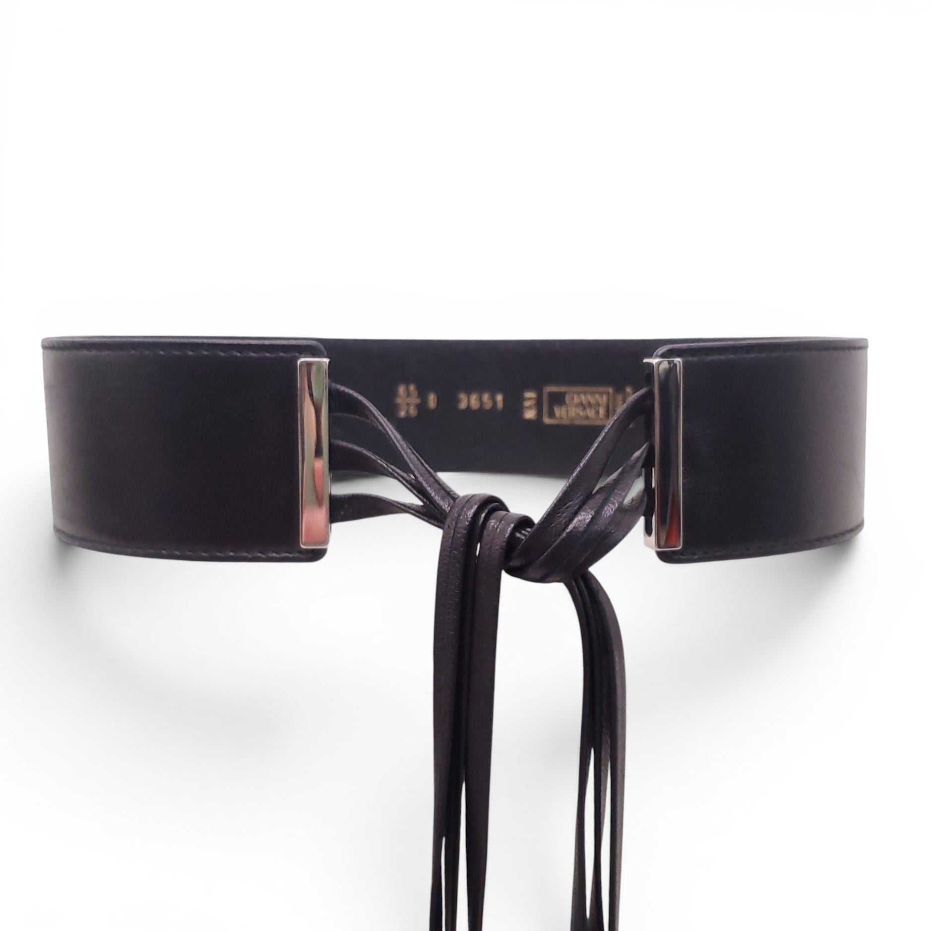 GIANNI VERSACE BLACK LEATHER BELT WITH FRINGE TIE DETAIL- SIZE 65