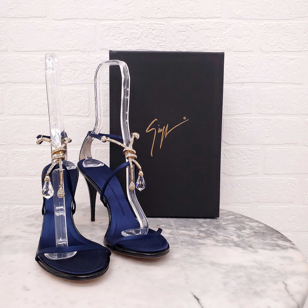 GIUSEPPE ZANOTTI NAVY AND BLACK CRYSTAL AND RHINESTONE DROP HEELS - SIZE 40.5