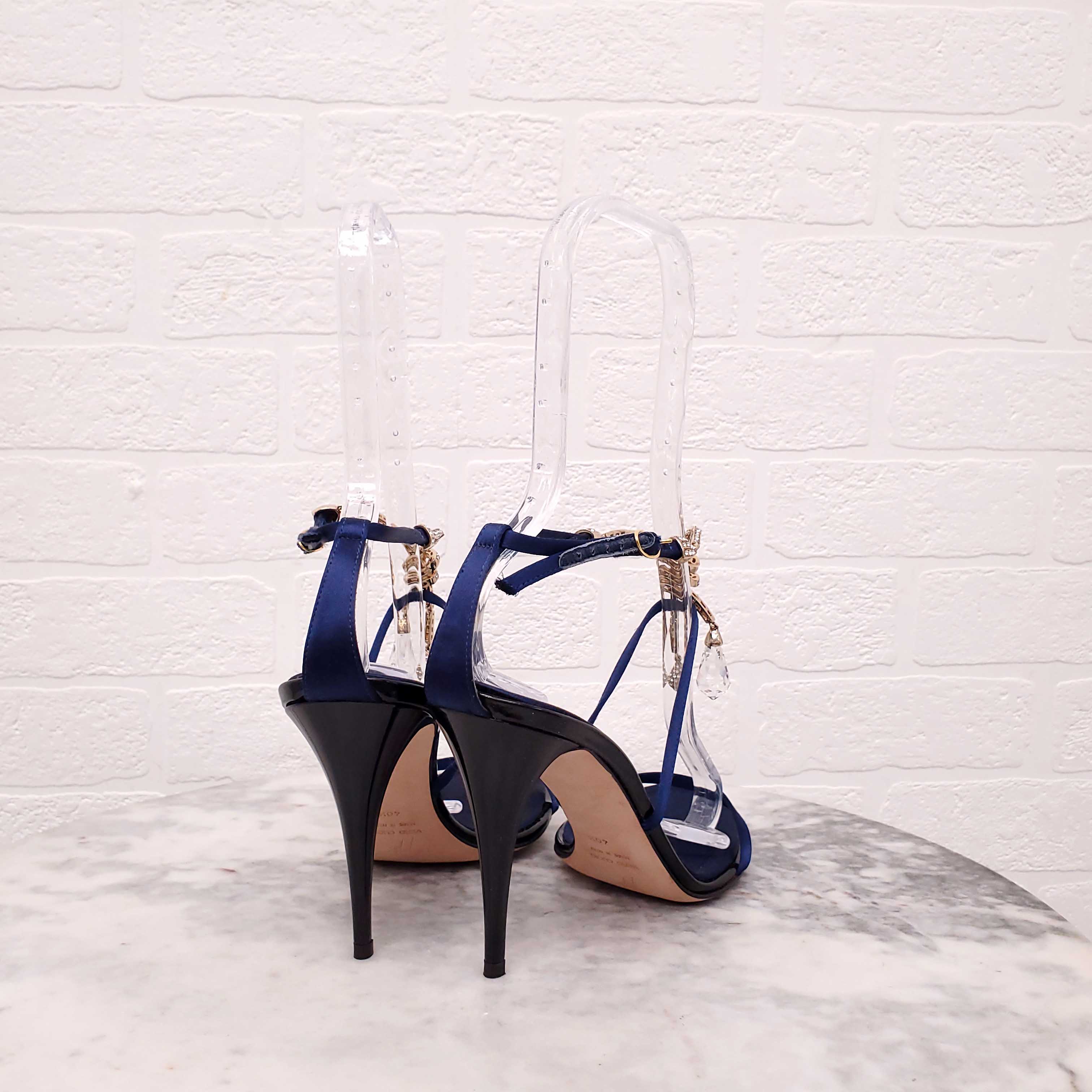 GIUSEPPE ZANOTTI NAVY AND BLACK CRYSTAL AND RHINESTONE DROP HEELS - SIZE 40.5