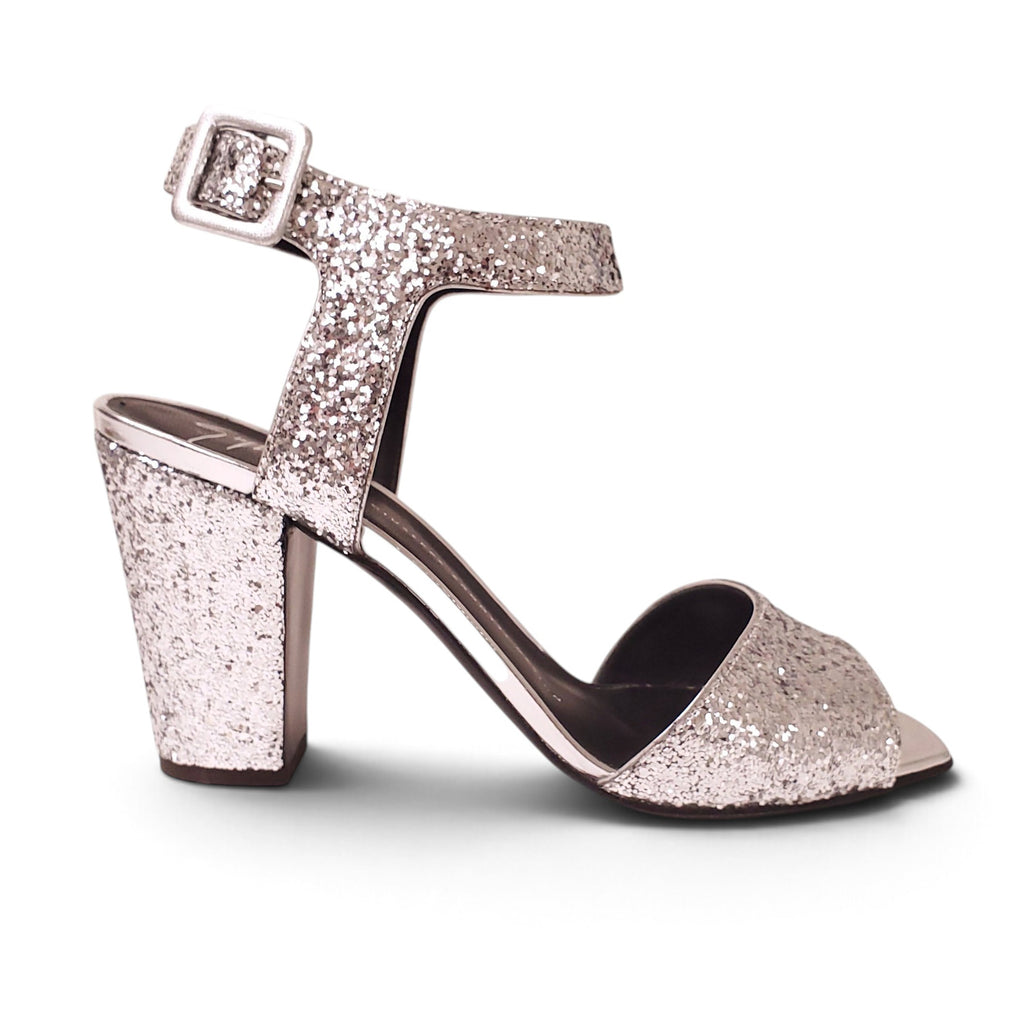 GIUSEPPE ZANOTTI SILVER SEQUIN BLOCK HEELS - SIZE 39