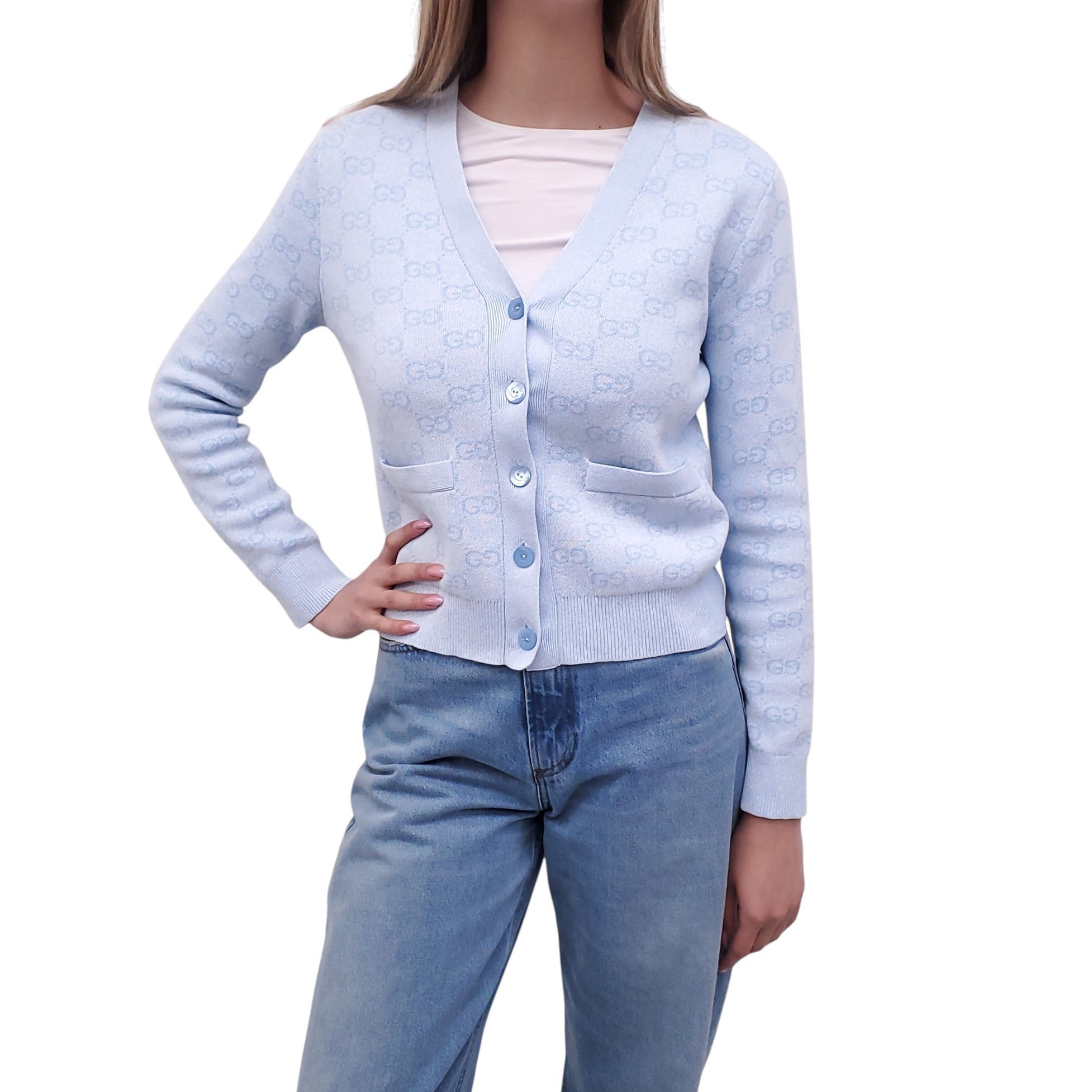 GUCCI BABY BLUE GG LOGO COTTON CARDIGAN - SIZE XS