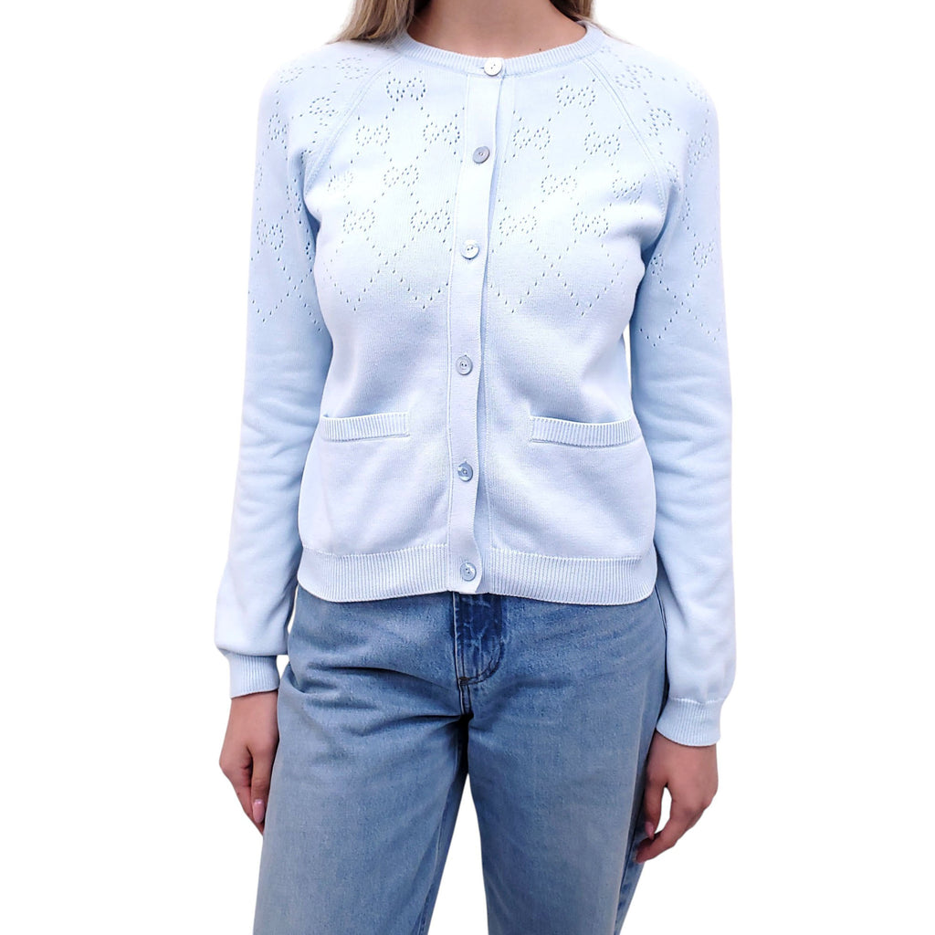 GUCCI BABY BLUE PERFORATED GG LOGO COTTON CARDIGAN - SIZE XS