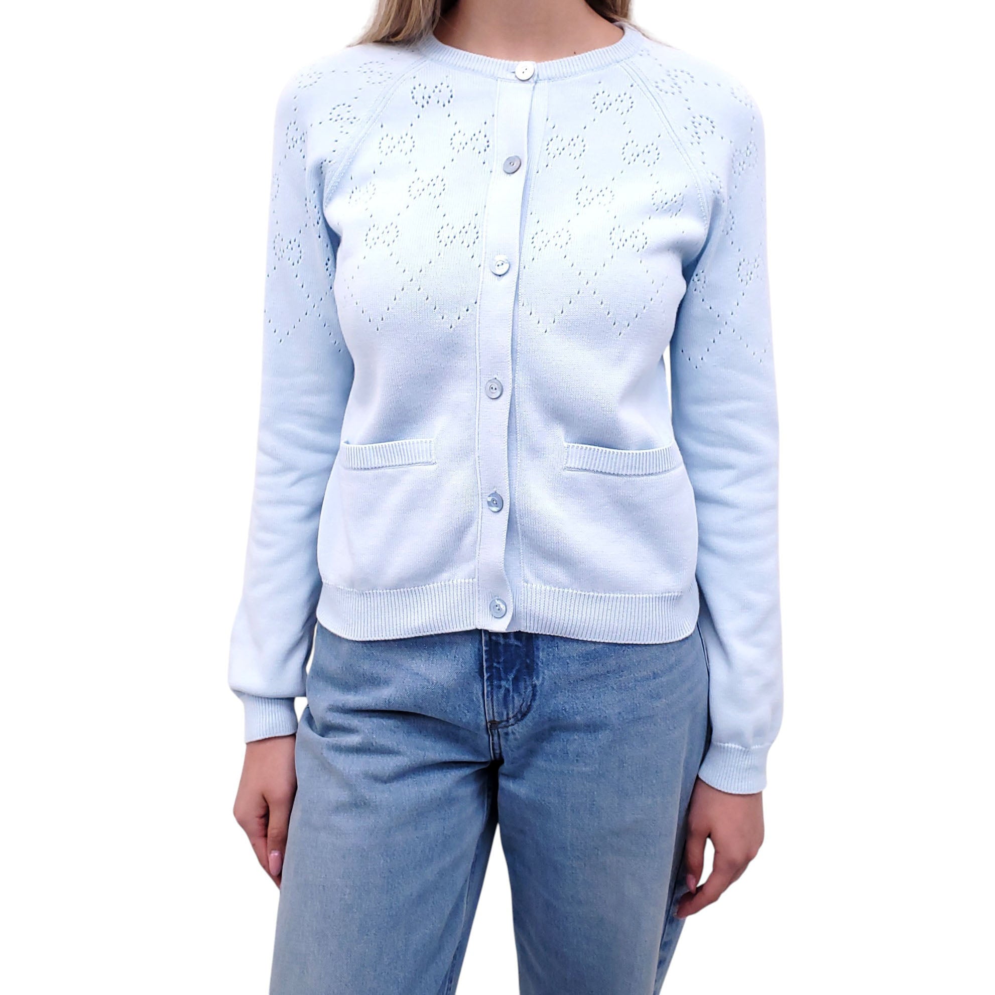 GUCCI BABY BLUE PERFORATED GG LOGO COTTON CARDIGAN - SIZE XS