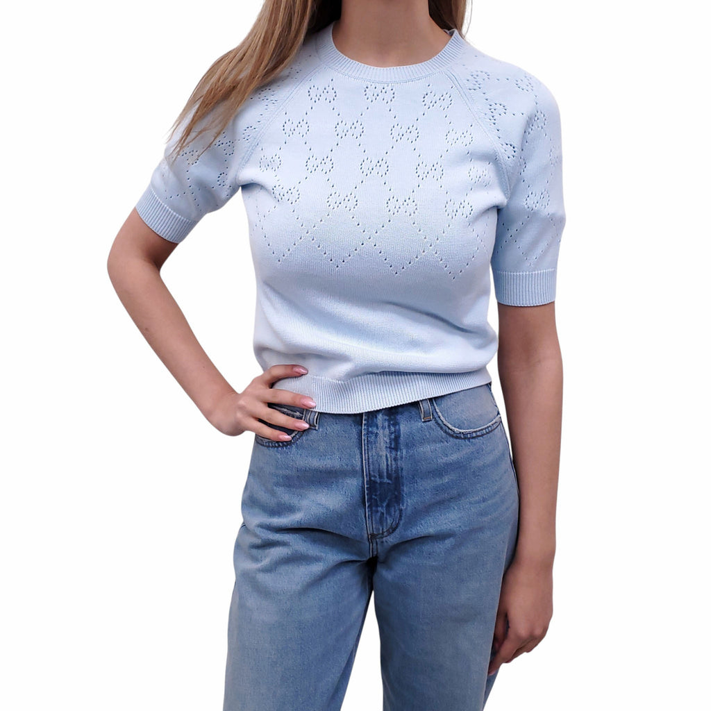 GUCCI BABY BLUE PERFORATED GG LOGO COTTON SHORT-SLEEVE SWEATER - SIZE XS